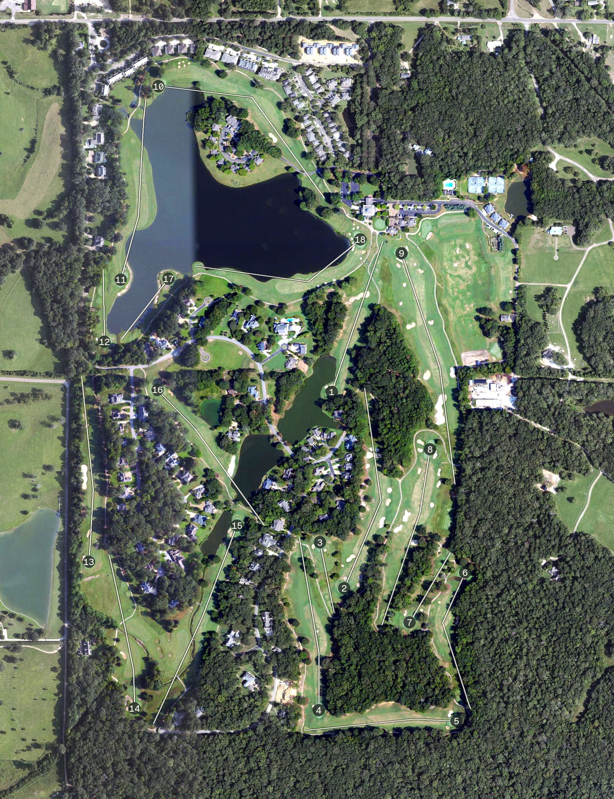 Aerial view of Old Waverly, MS, with its hole routing marked