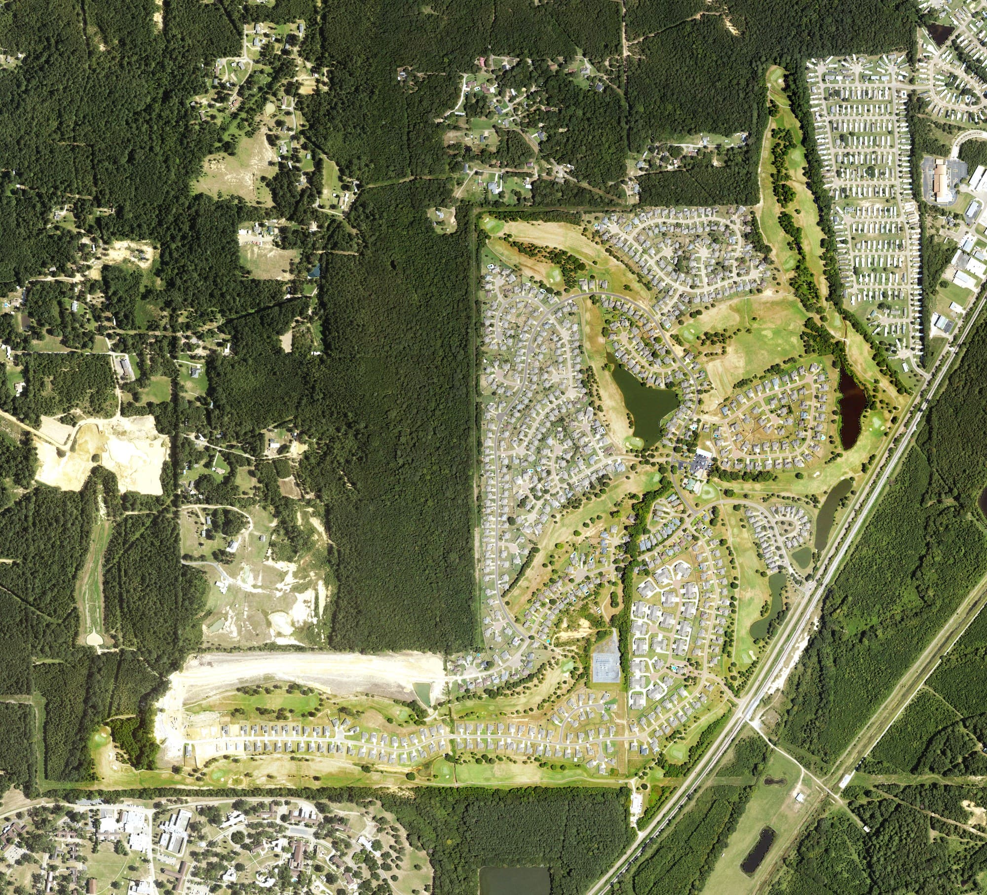 Aerial view of Patrick Farms Golf Club, MS, with its hole routing marked