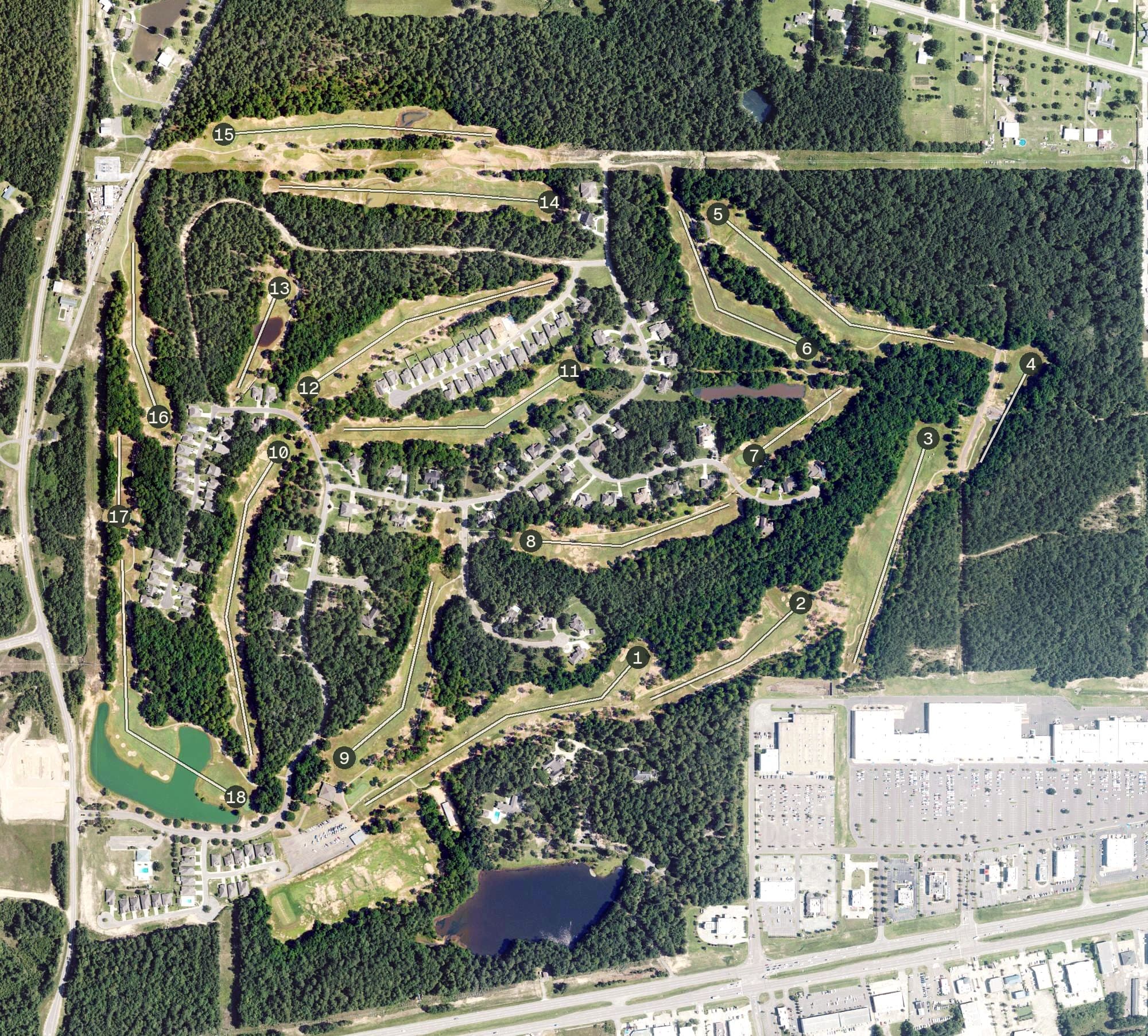 Aerial view of Shadow Ridge, MS, with its hole routing marked
