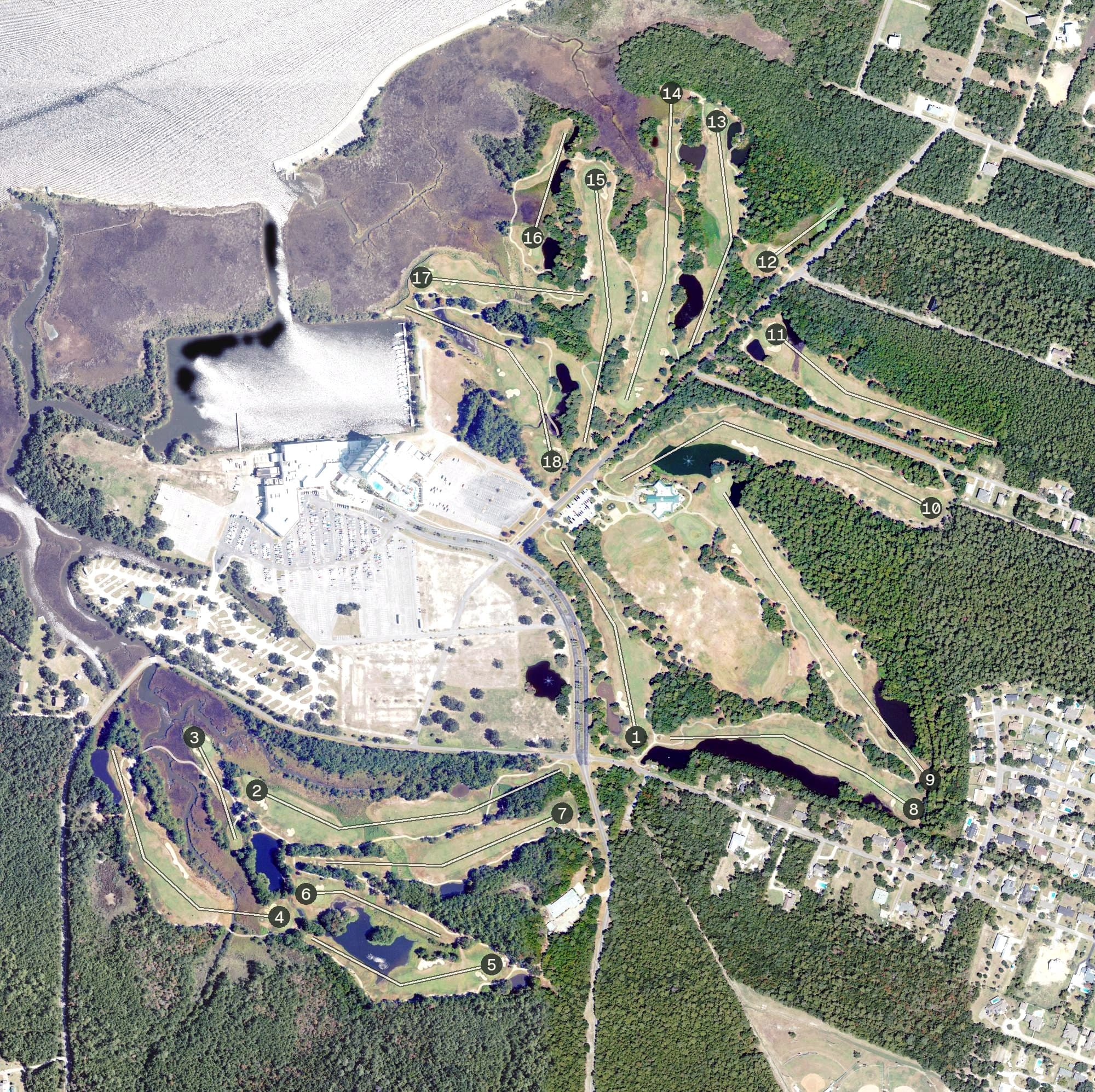 Aerial view of The Bridges Golf Club, MS, with its hole routing marked