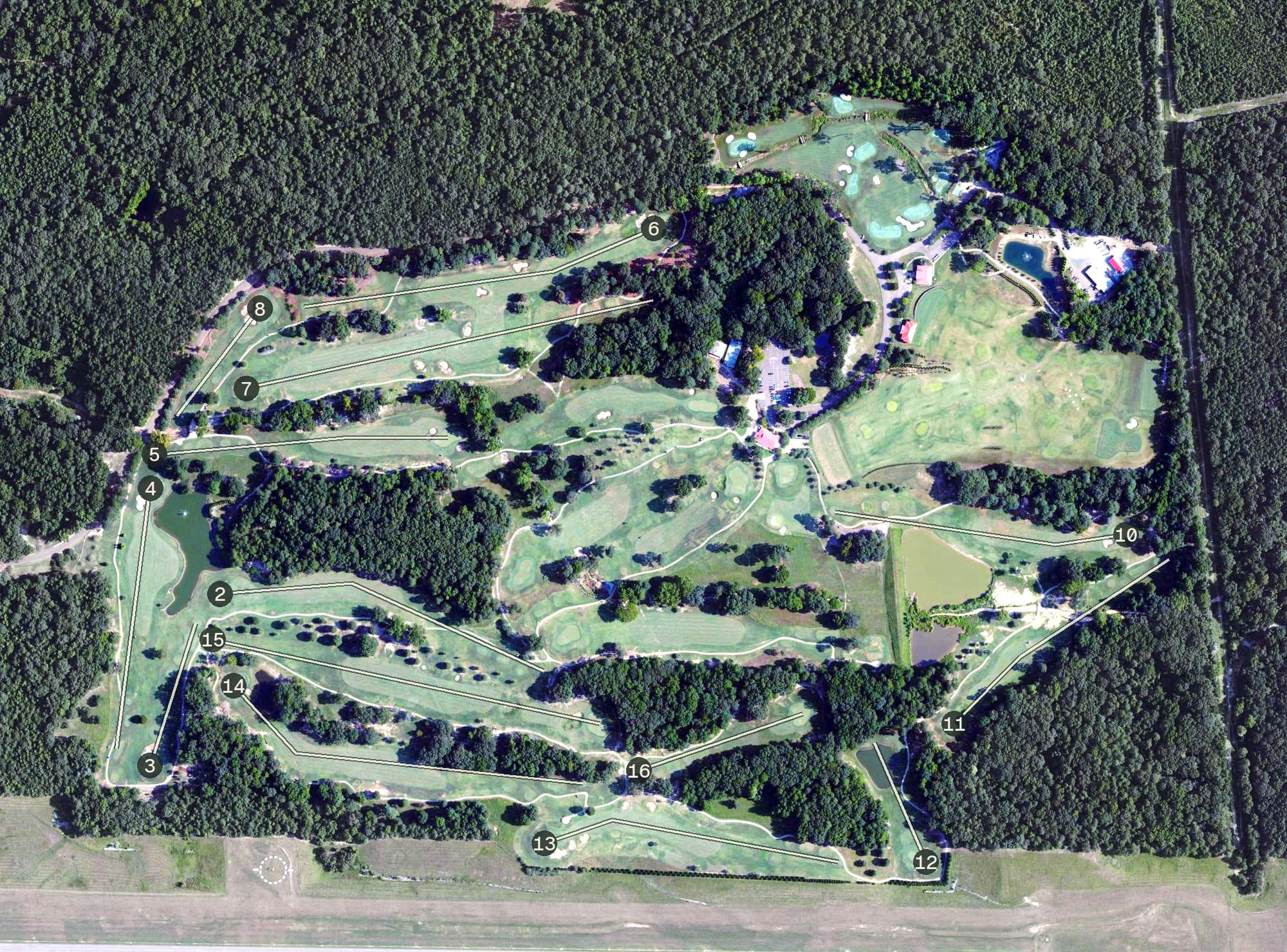 Aerial view of The Ole Miss Golf Course, MS, with its hole routing marked