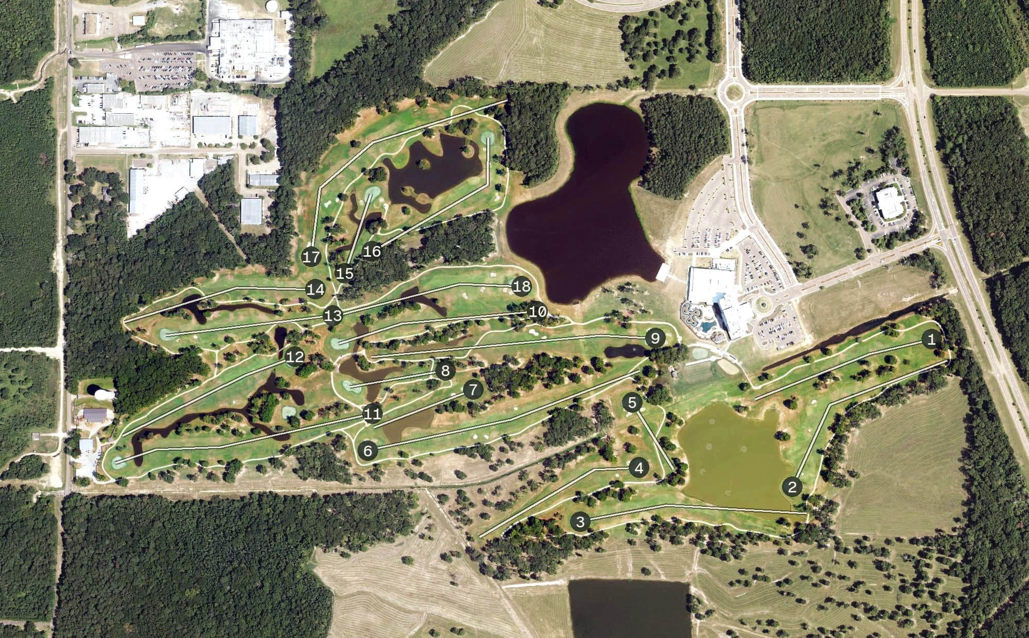 Aerial view of The Refuge, MS, with its hole routing marked