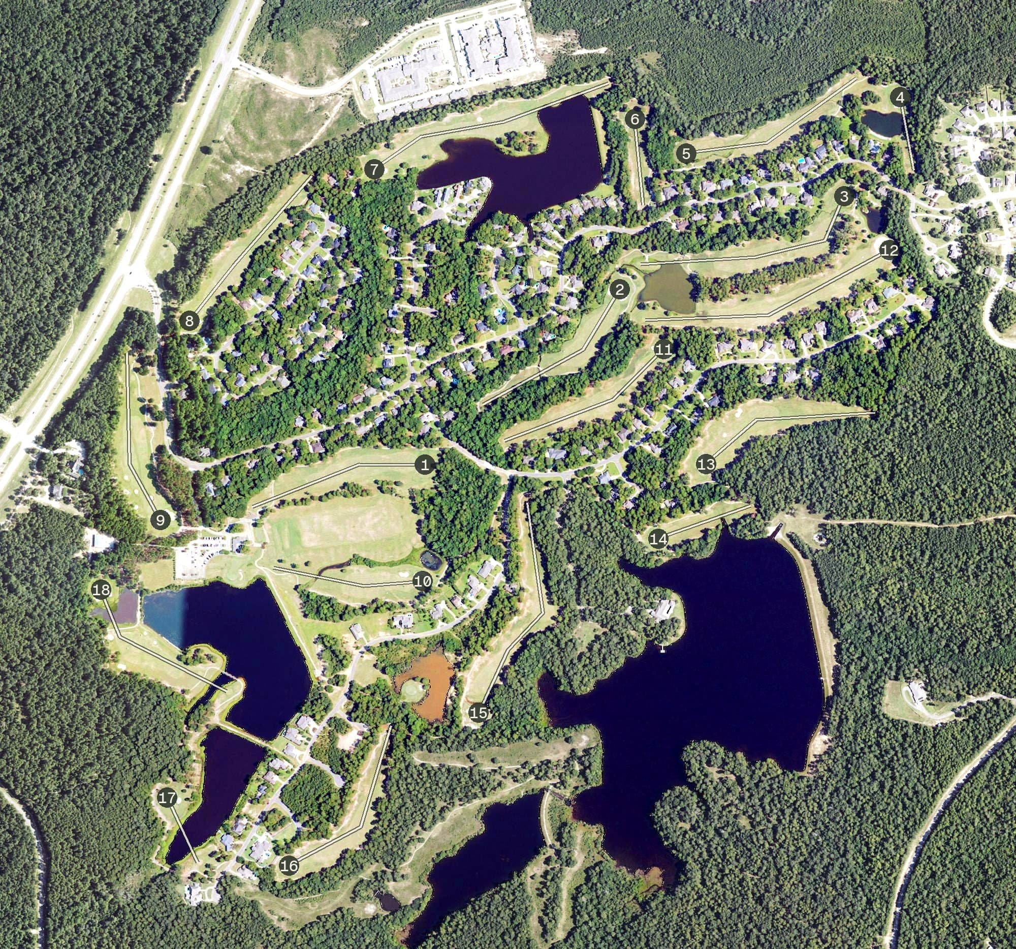Aerial view of Timberton Golf Club, MS, with its hole routing marked