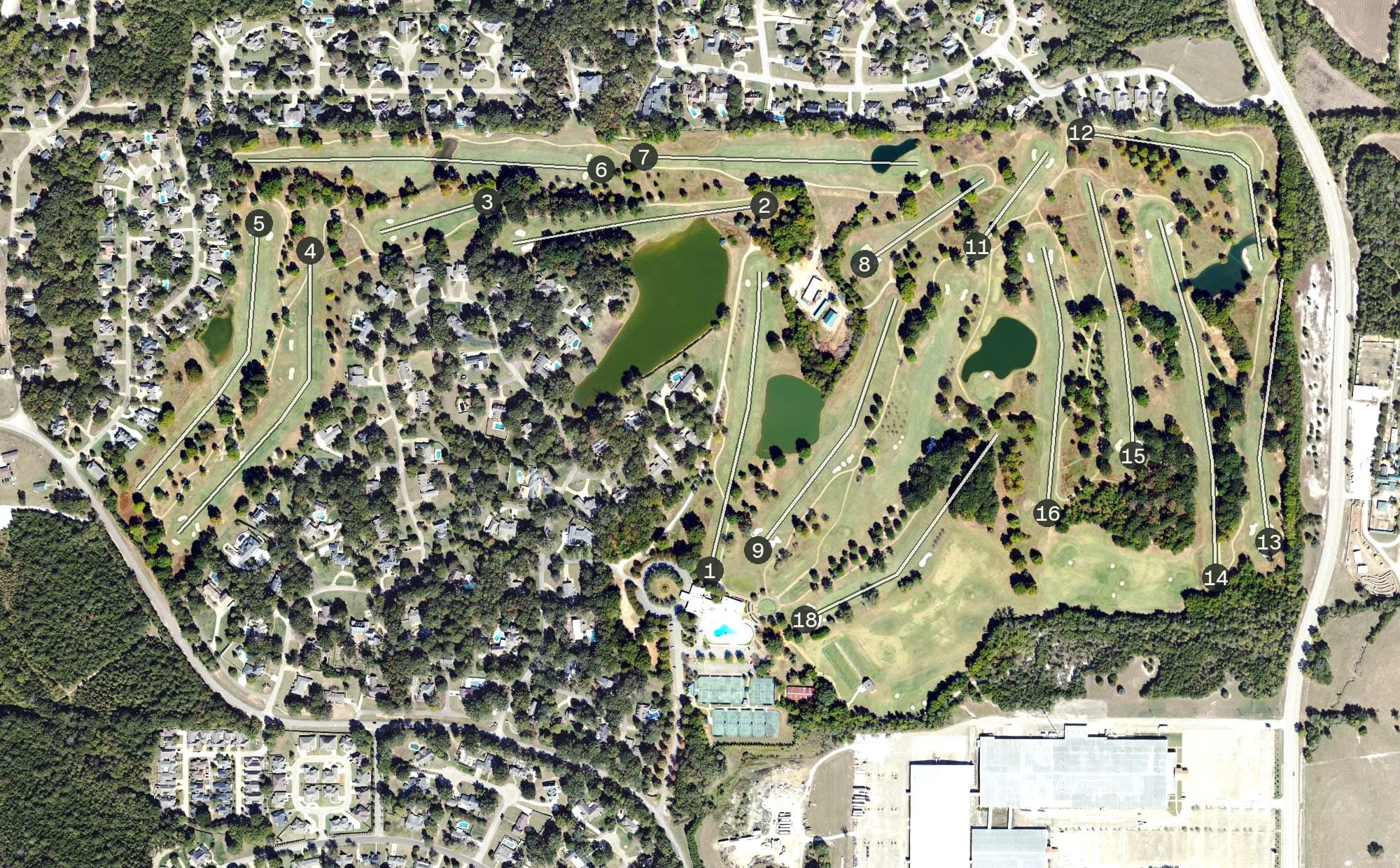 Aerial view of Tupelo Country Club, MS, with its hole routing marked