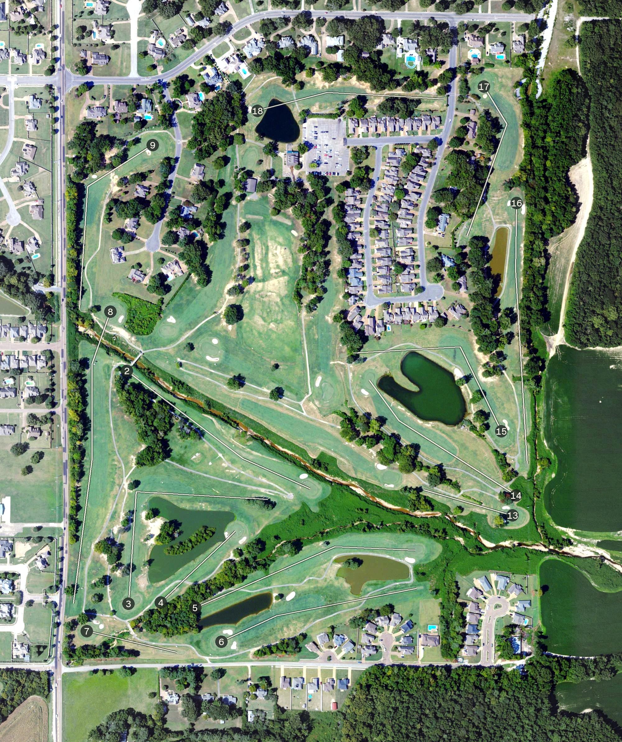 Aerial view of Wedgewood Golfer's Club, MS, with its hole routing marked
