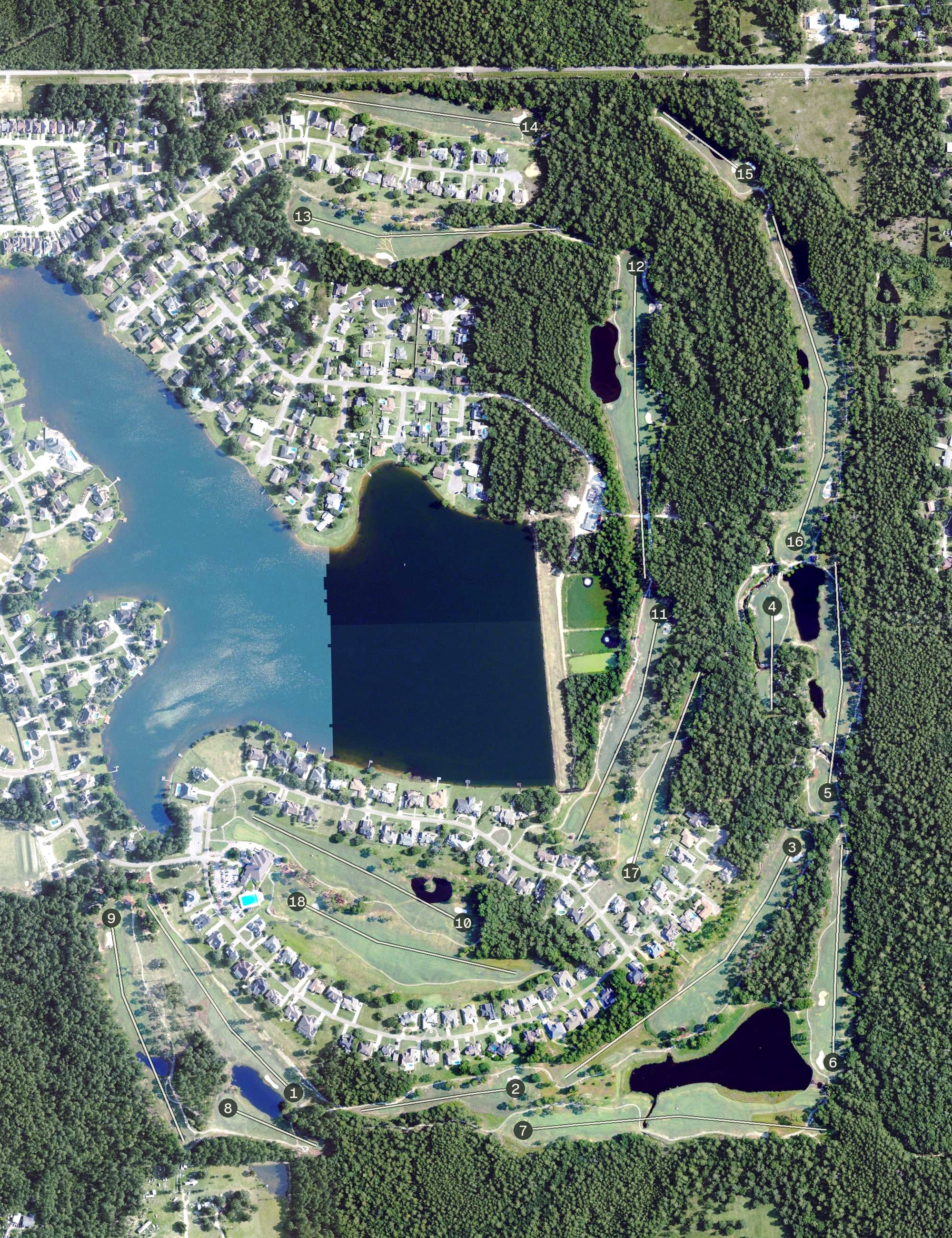 Aerial view of Windance Country Club, MS, with its hole routing marked