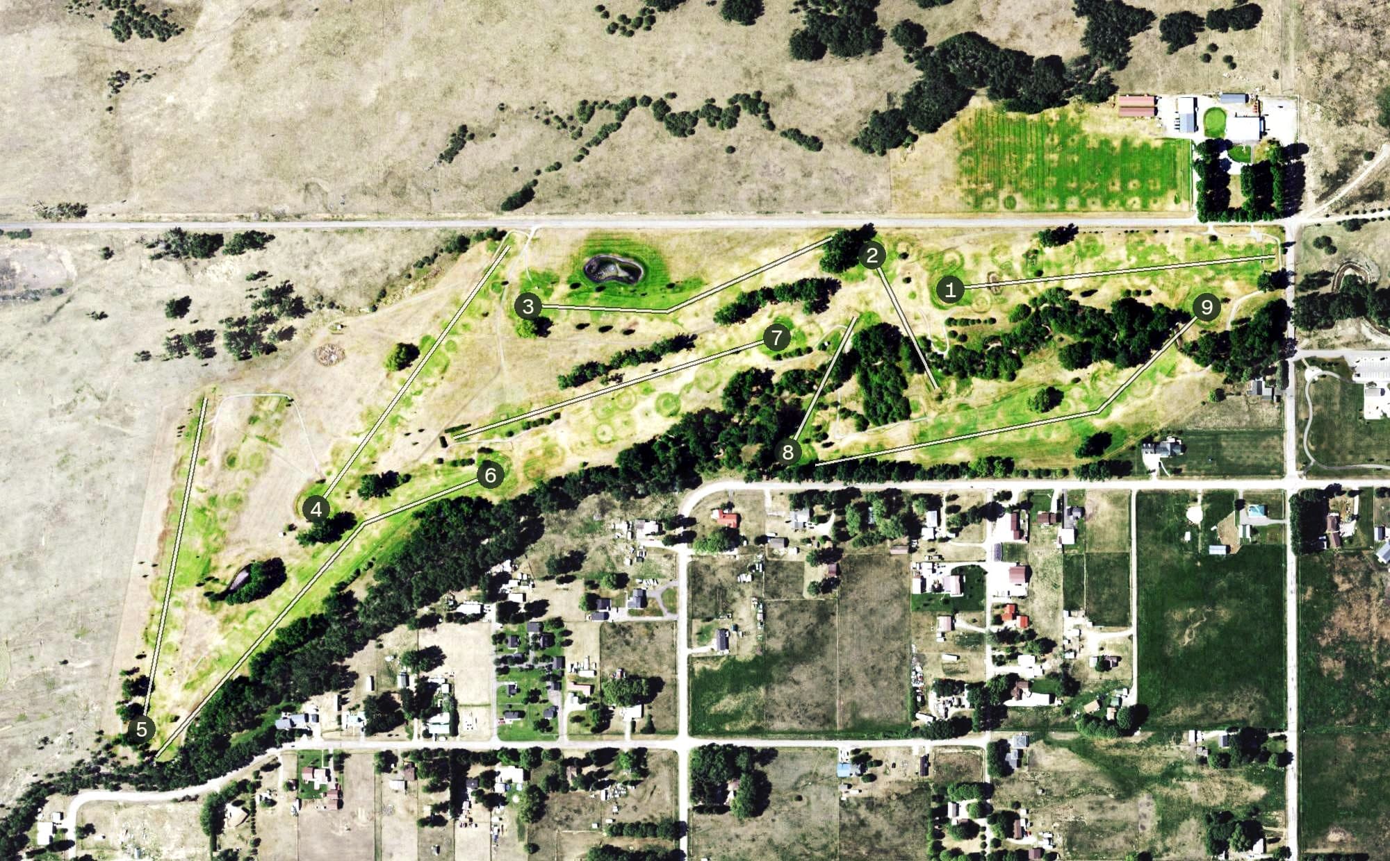 Aerial view of Anaconda Country Club, MT, with its hole routing marked