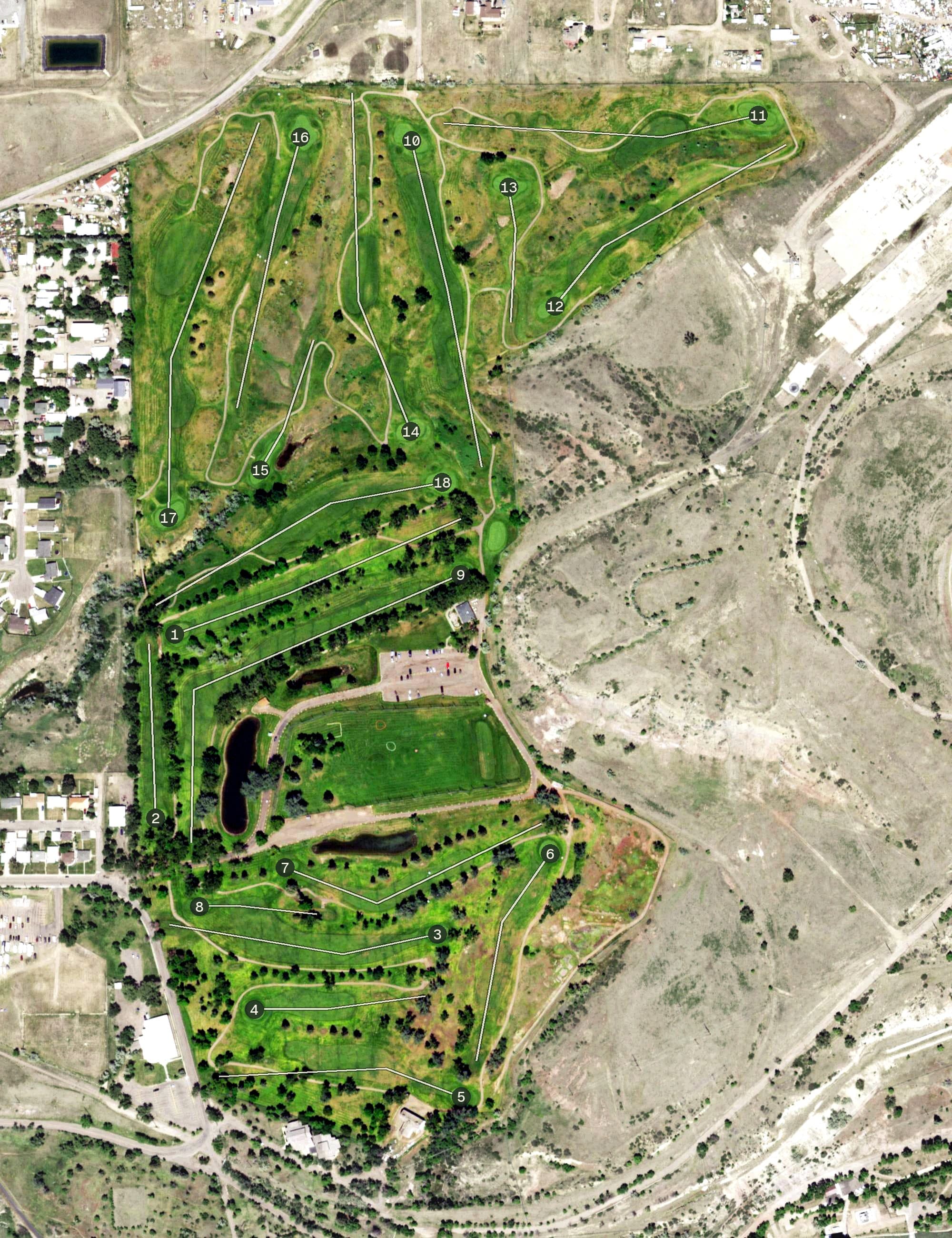 Aerial view of Anaconda Hills Golf Course, MT, with its hole routing marked