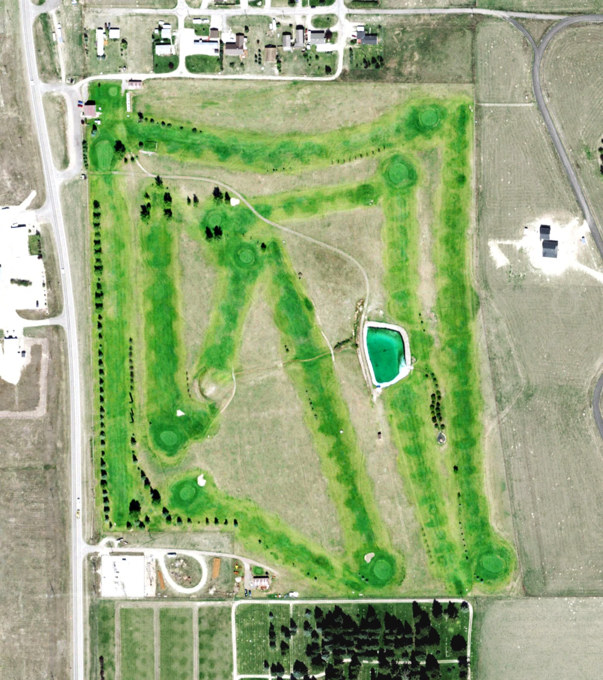 Aerial view of Arrowhead Meadows Golf Course, MT, with its hole routing marked