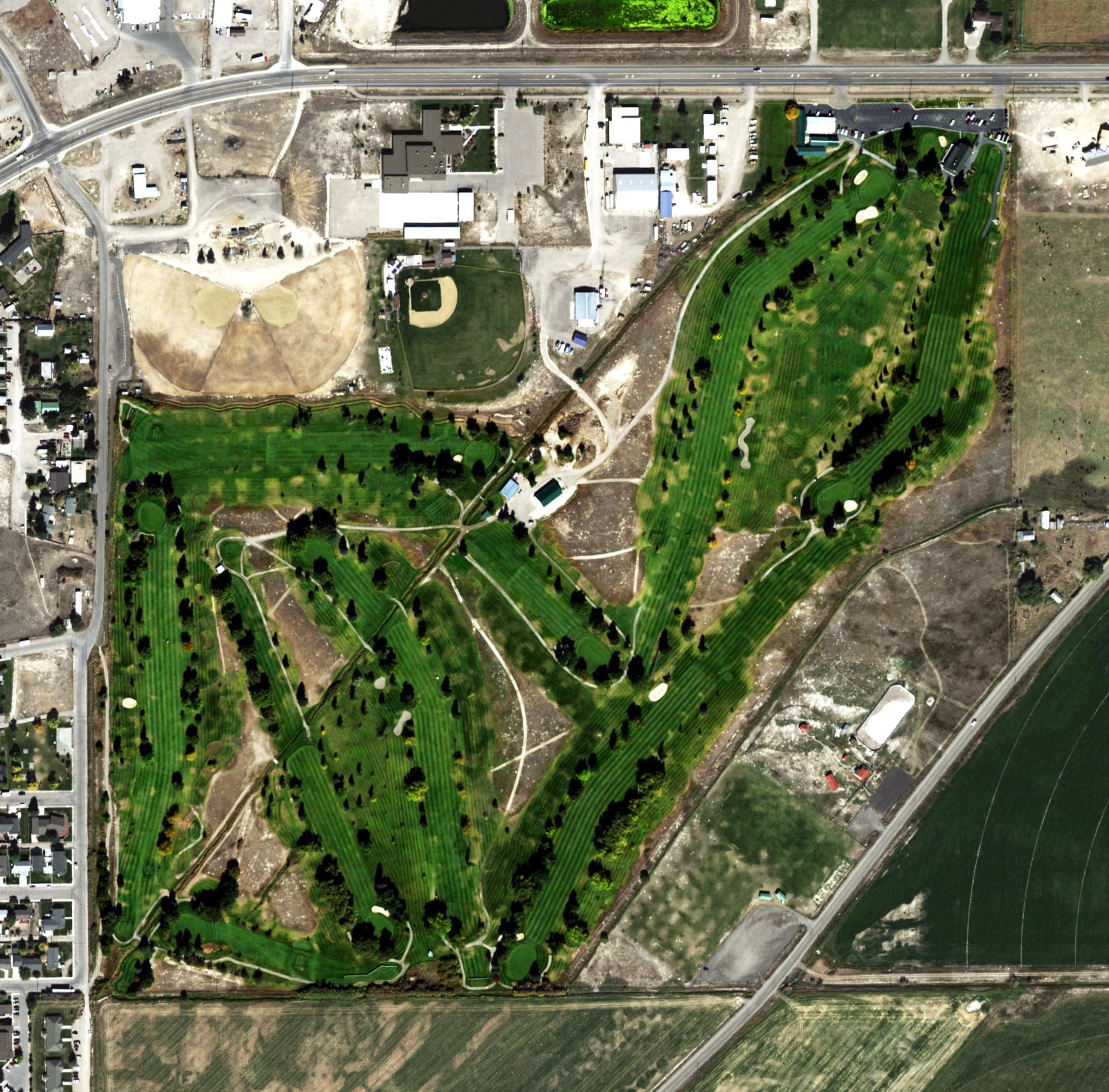 Aerial view of Beaverhead Golf Course, MT, with its hole routing marked