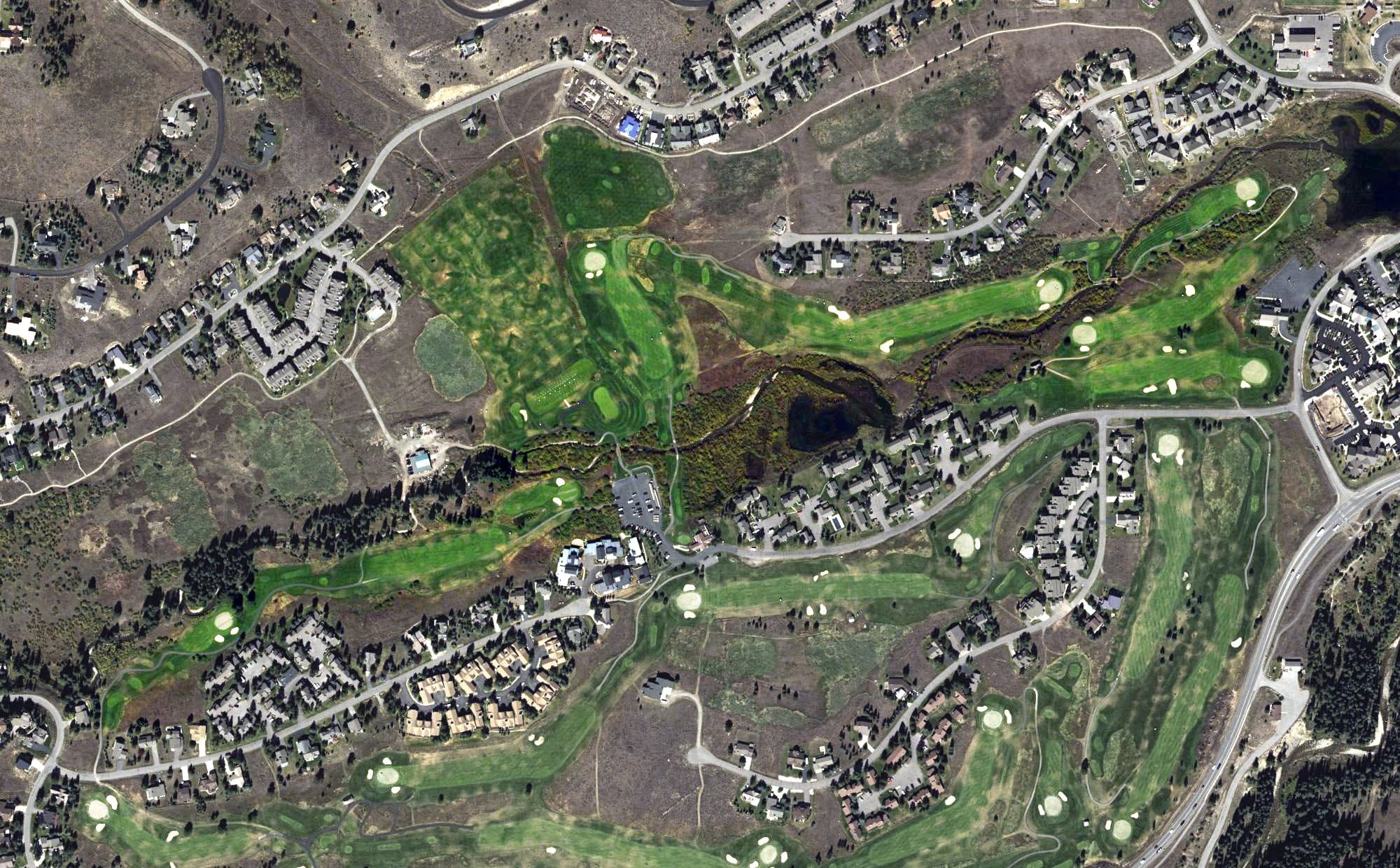 Aerial view of Big Sky Golf Course, MT, with its hole routing marked