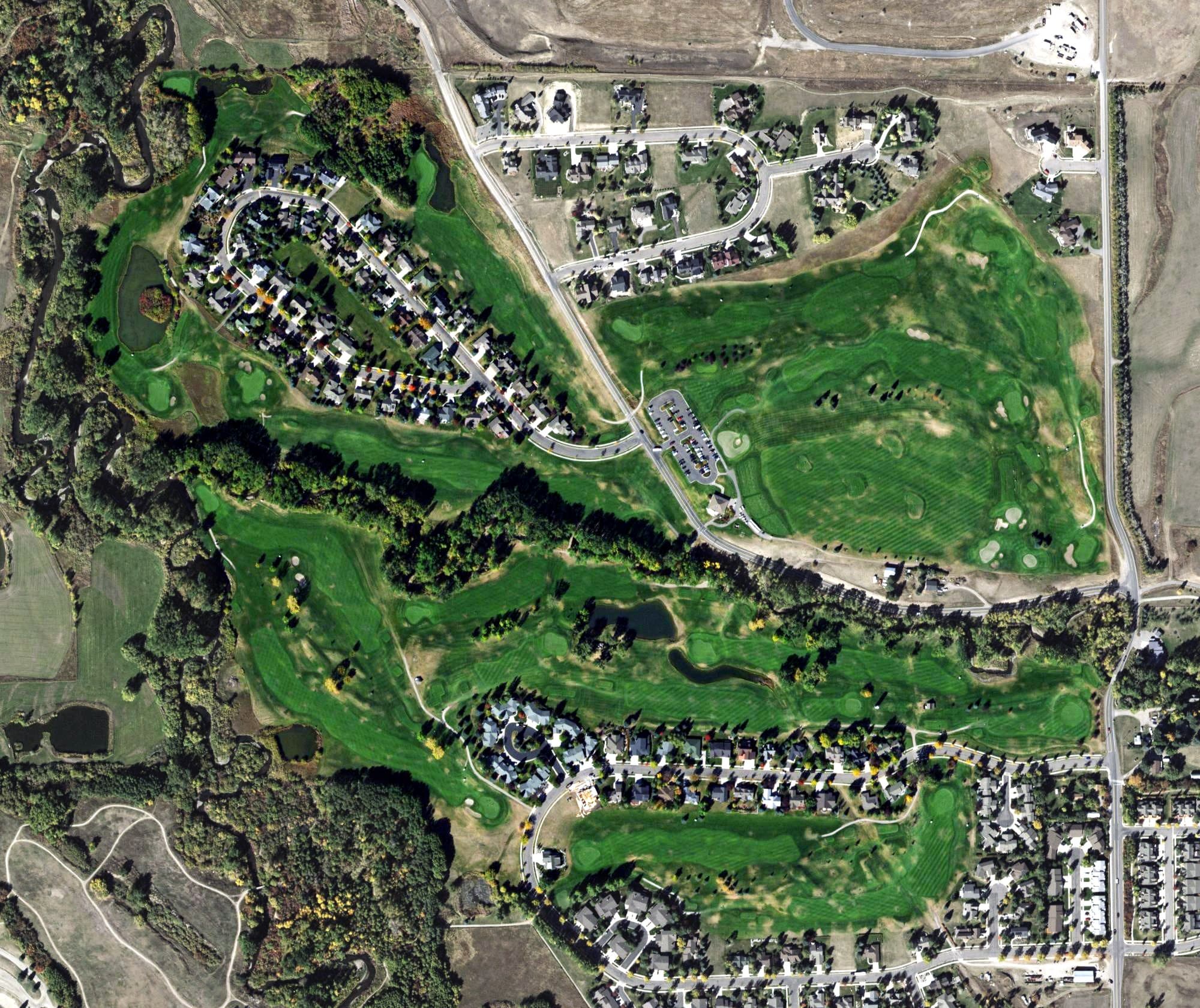 Aerial view of Bridger Creek Golf Course, MT, with its hole routing marked