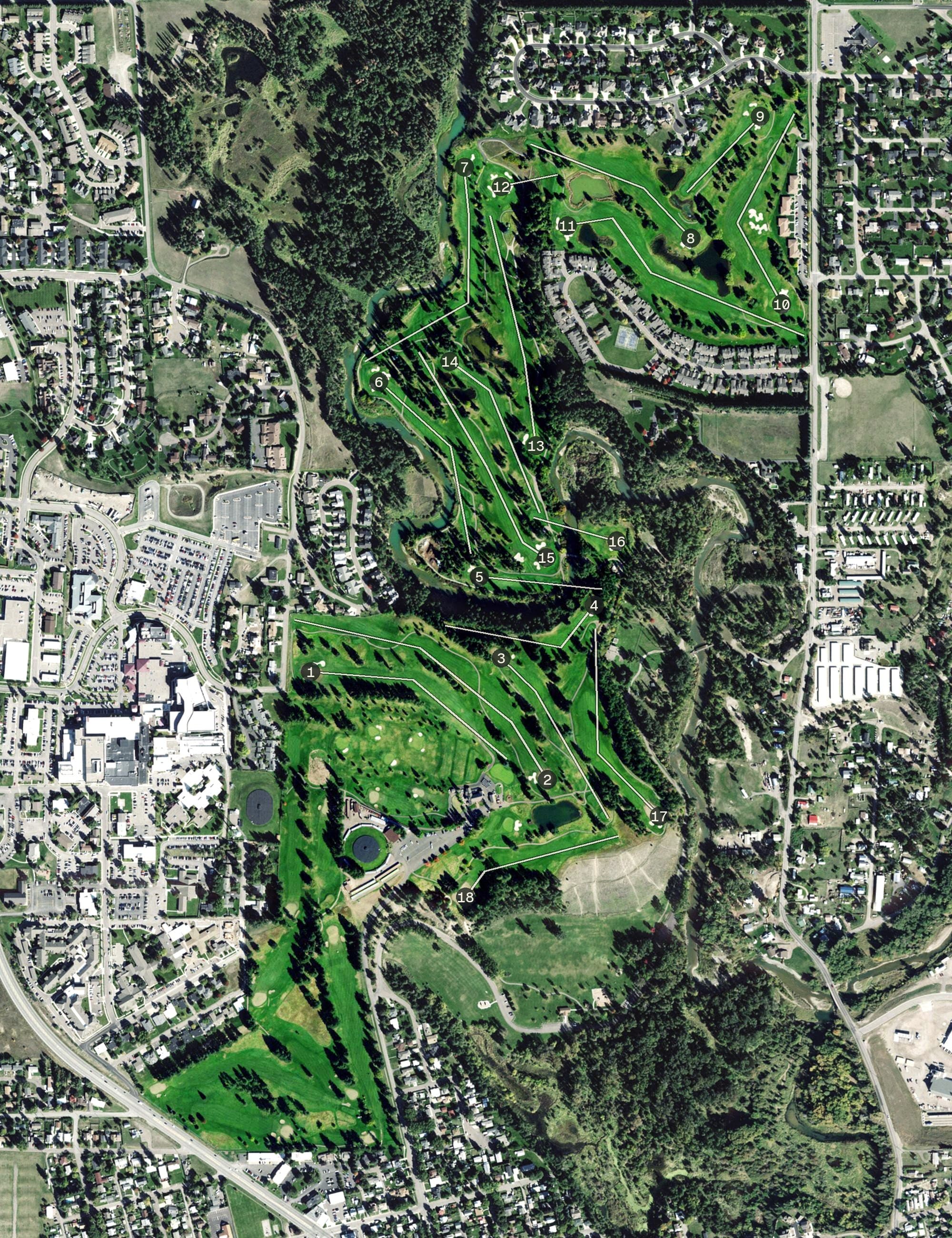 Aerial view of Buffalo Hill Golf Course, MT, with its hole routing marked
