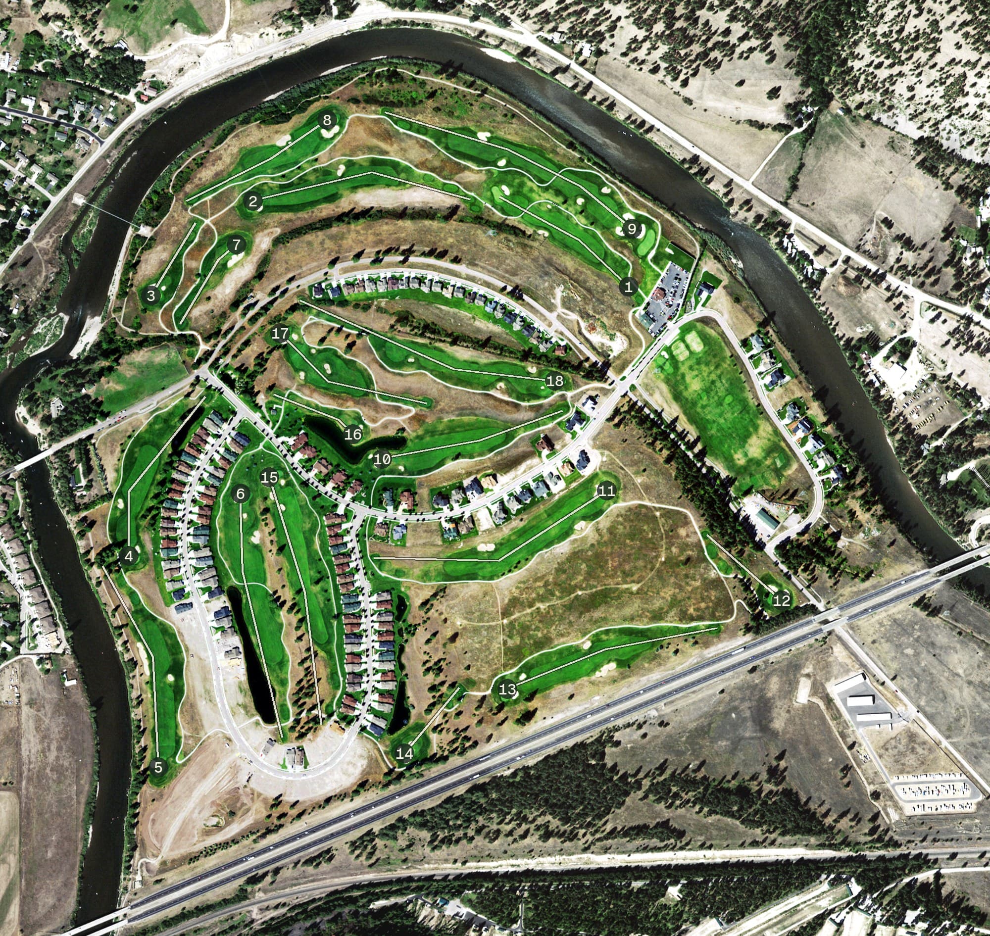Aerial view of Canyon River Golf Club, MT, with its hole routing marked