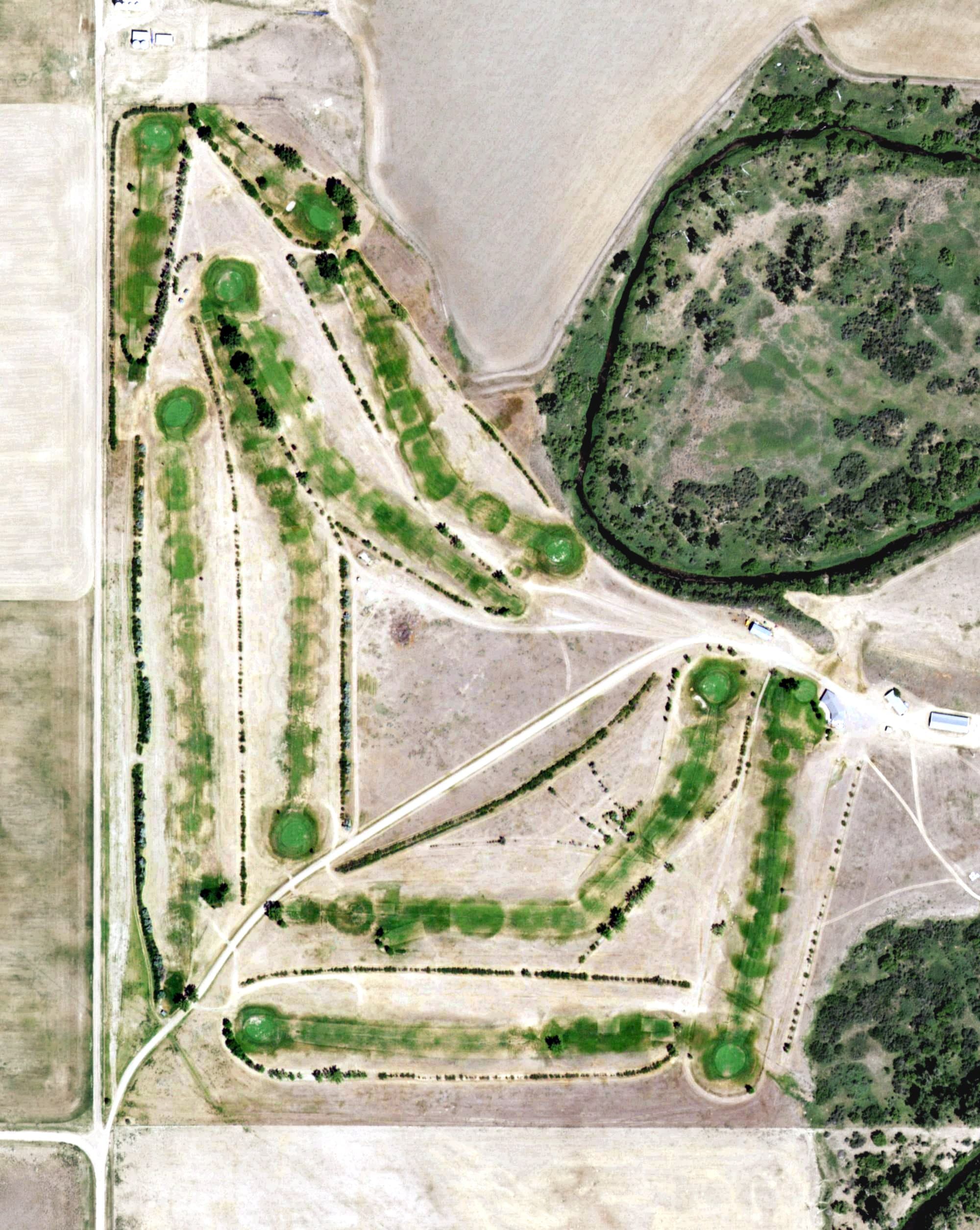 Aerial view of Chinook Golf Club, MT, with its hole routing marked