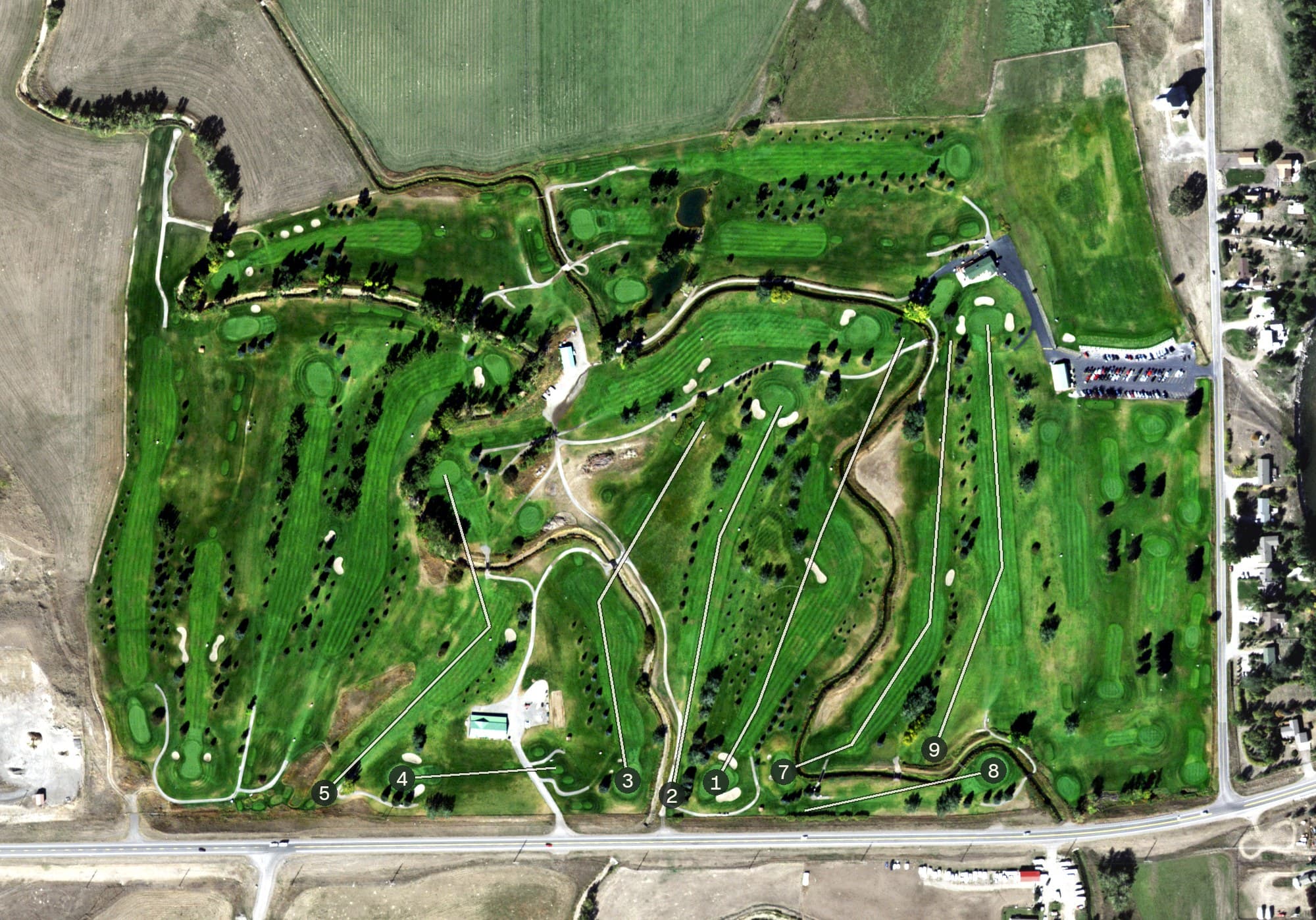 Aerial view of Cottonwood Hills Golf Course, MT, with its hole routing marked
