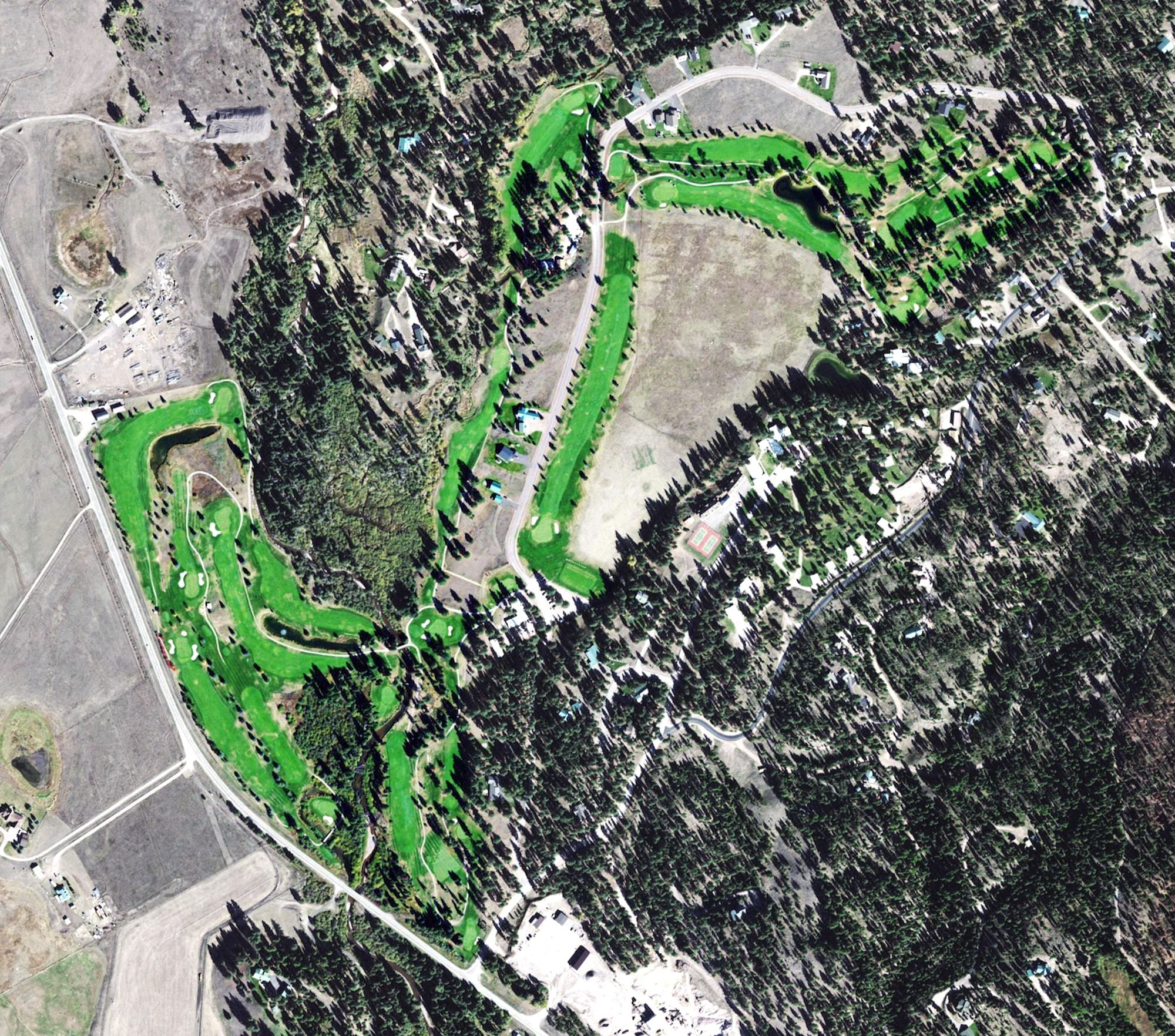Aerial view of Double Arrow Golf Course, MT, with its hole routing marked
