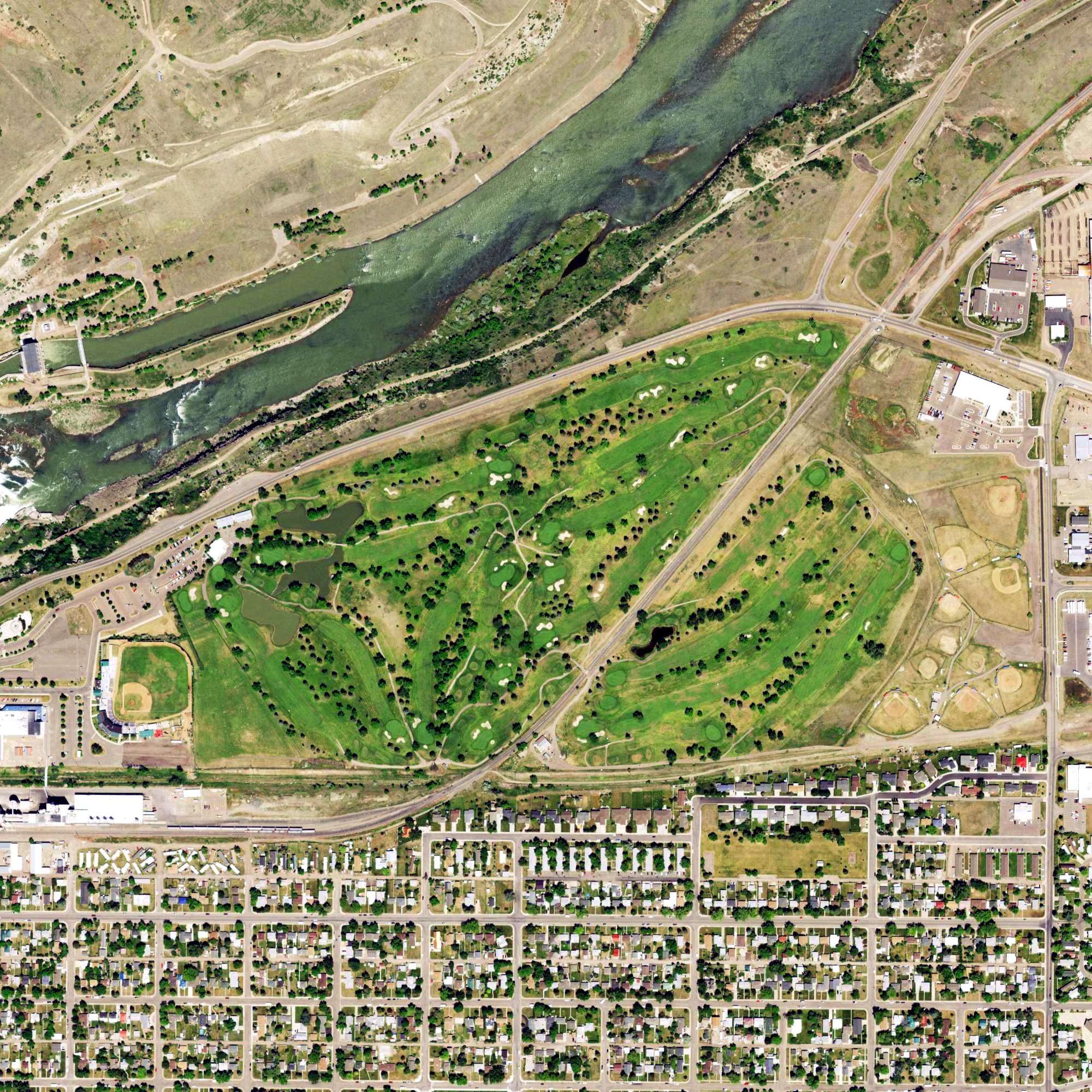 Aerial view of Eagle Falls Golf Club, MT, with its hole routing marked
