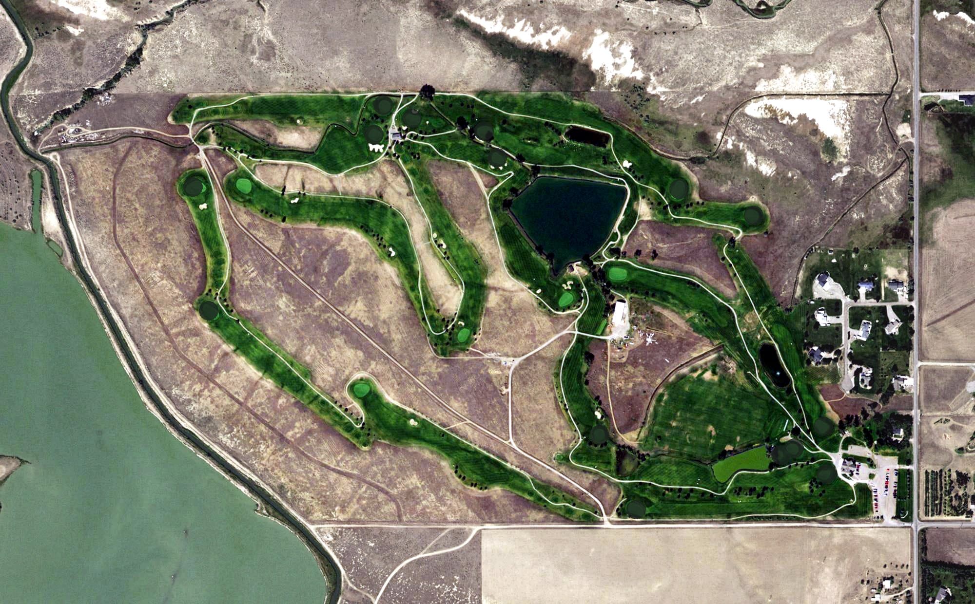 Aerial view of Eagle Rock Golf Course, MT, with its hole routing marked