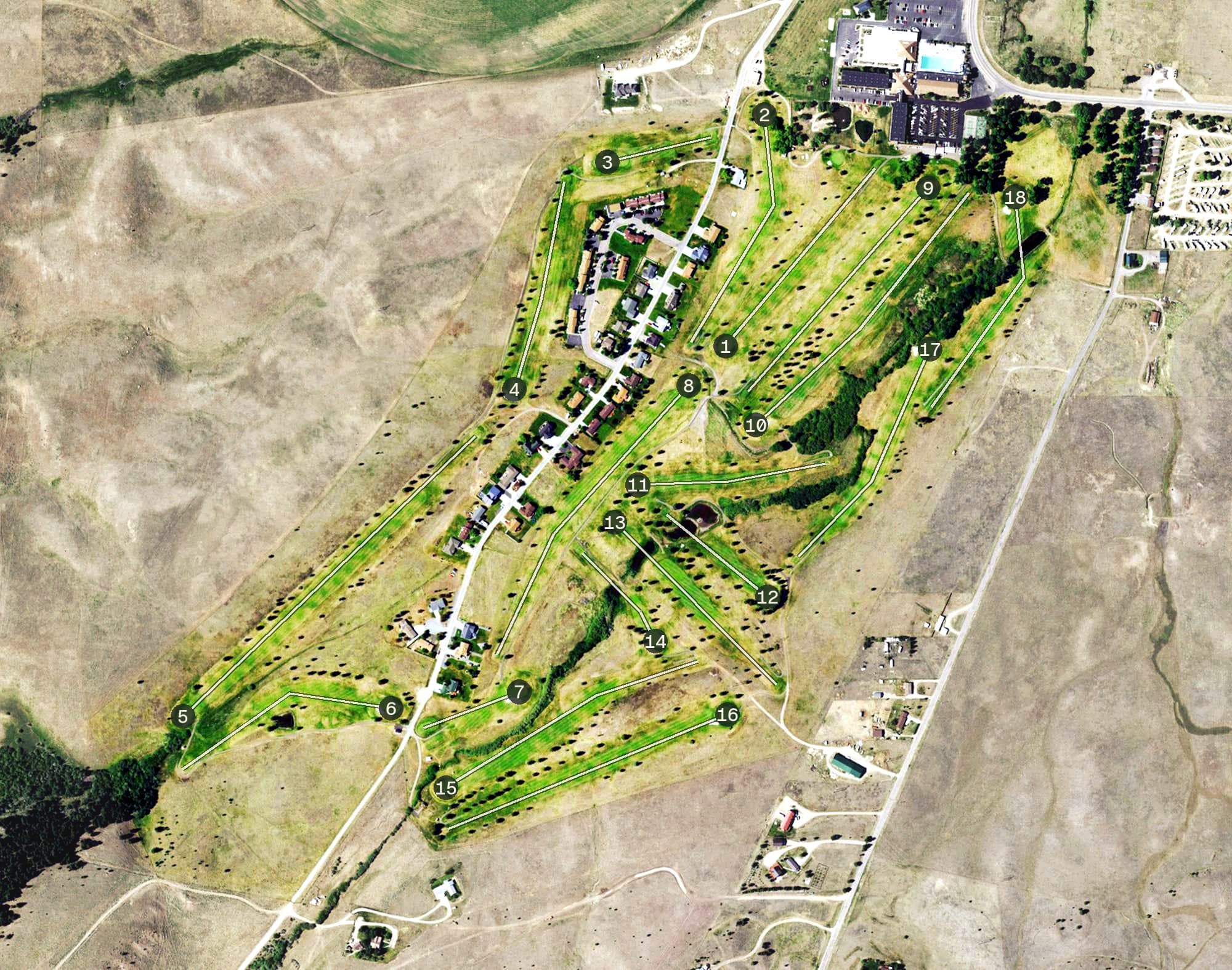 Aerial view of Fairmont Golf, MT, with its hole routing marked
