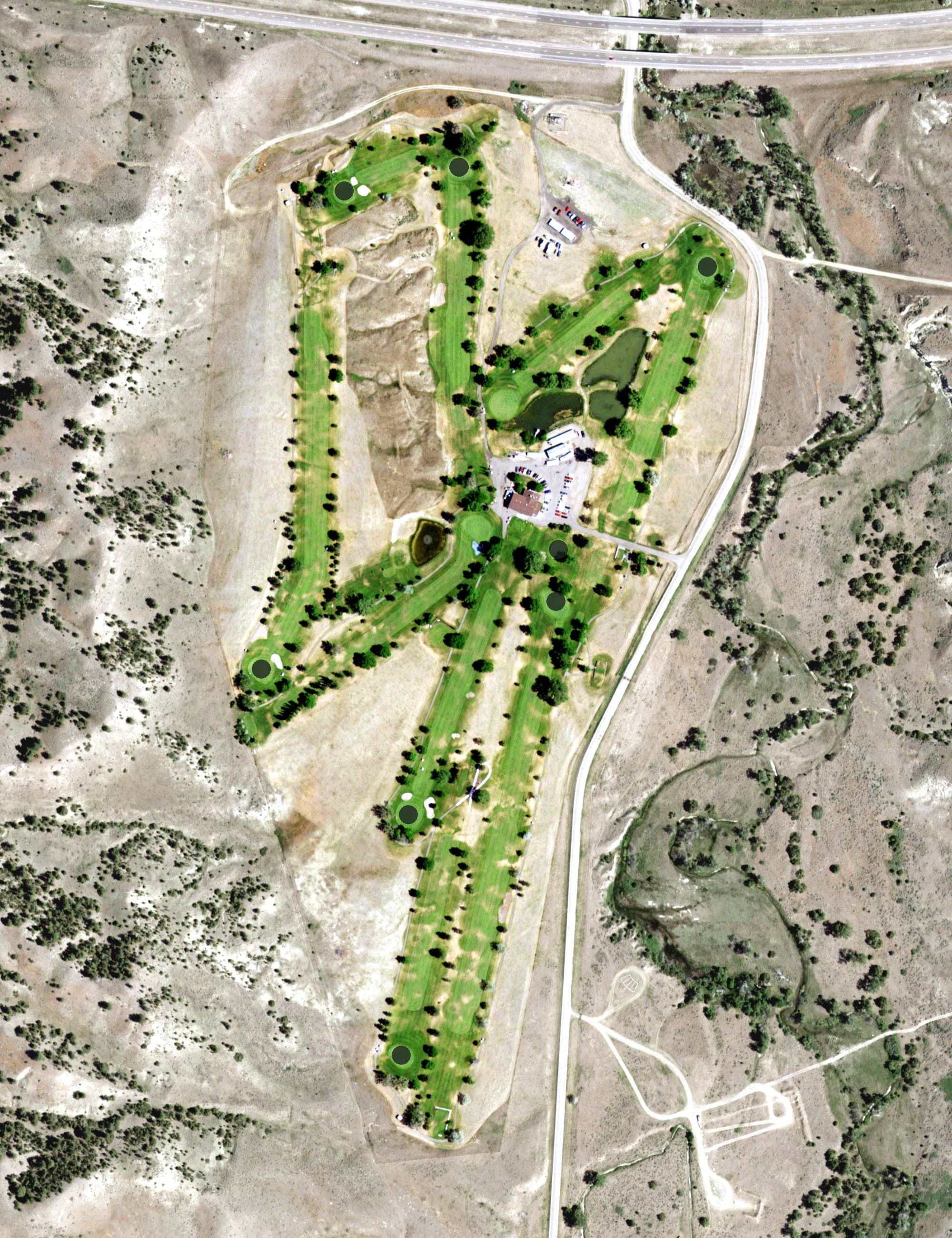 Aerial view of Forsyth Country Club, MT, with its hole routing marked
