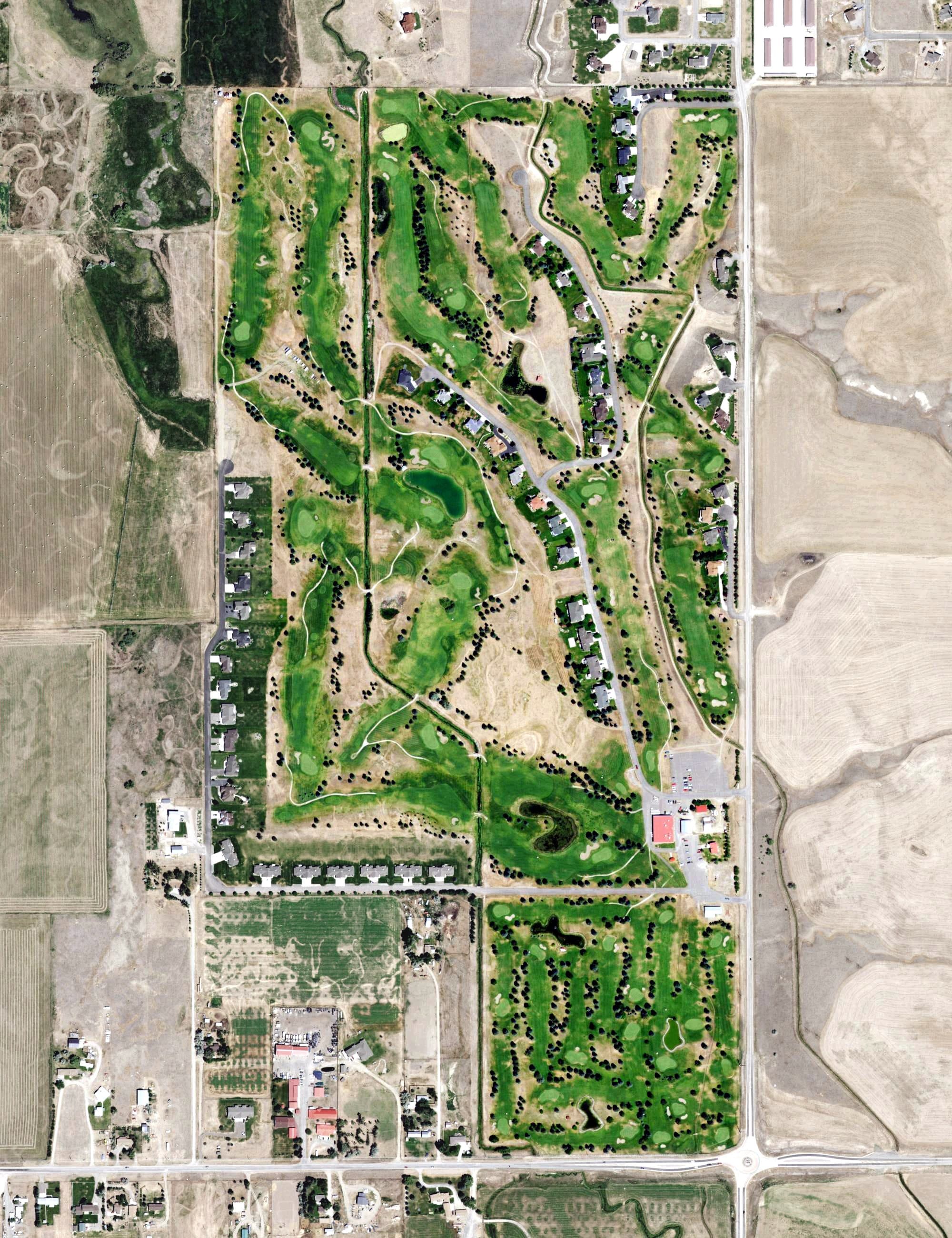 Aerial view of Fox Ridge Golf Course, MT, with its hole routing marked
