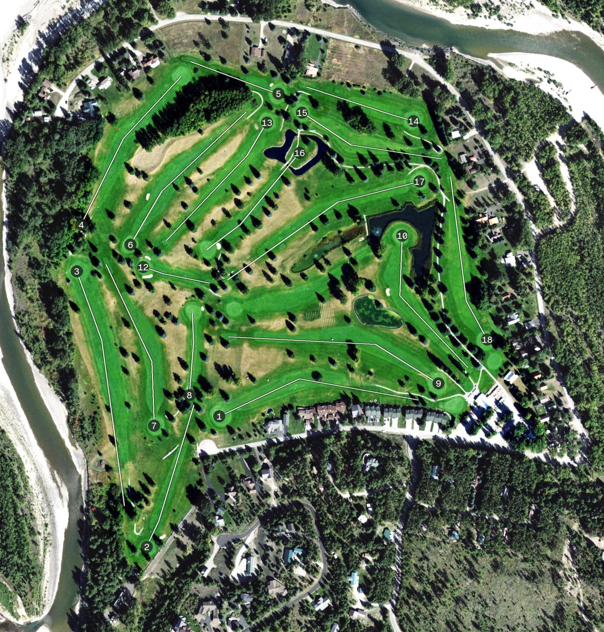 Aerial view of Glacier Rim, MT, with its hole routing marked