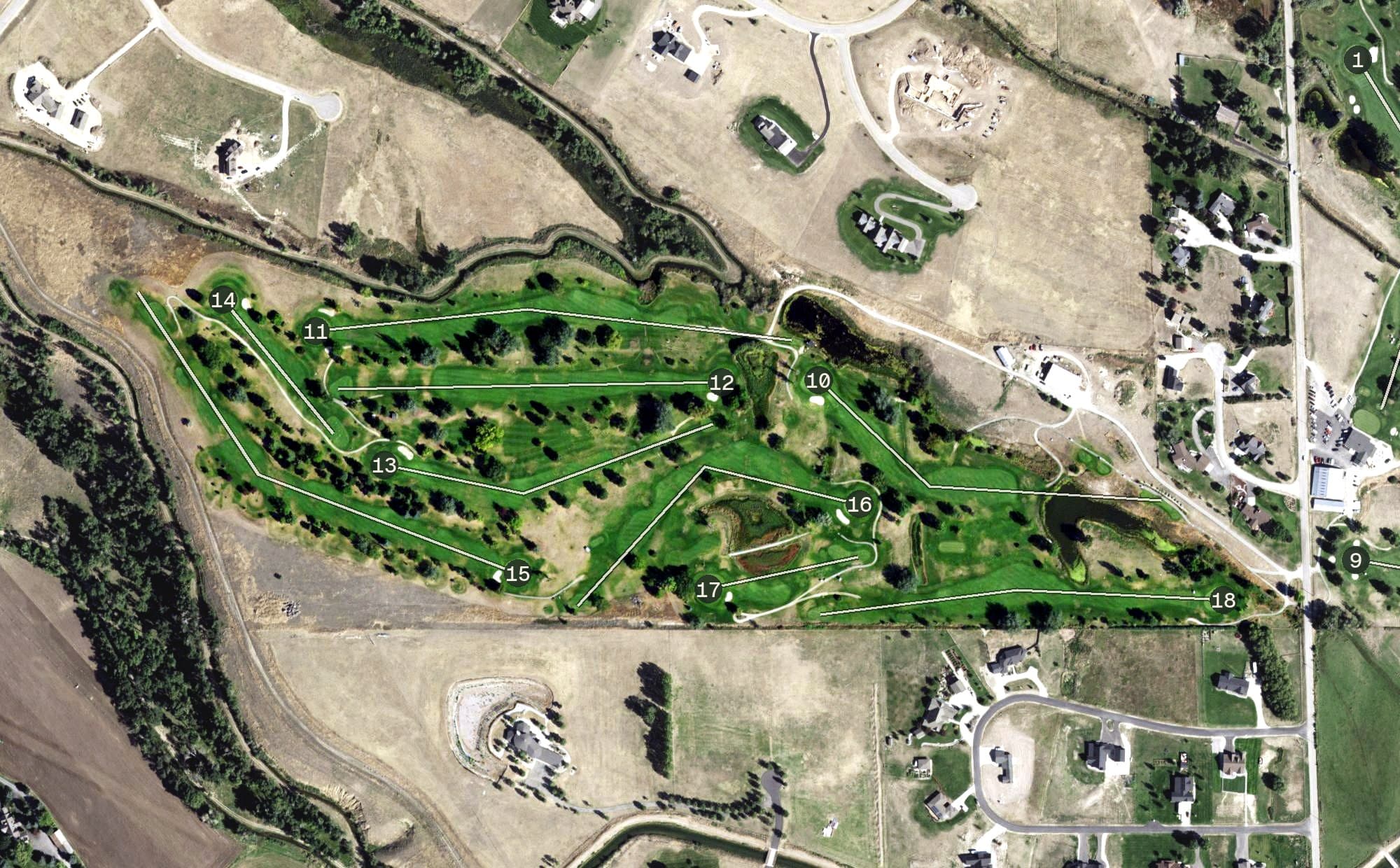 Aerial view of Hamilton Golf Course, MT, with its hole routing marked