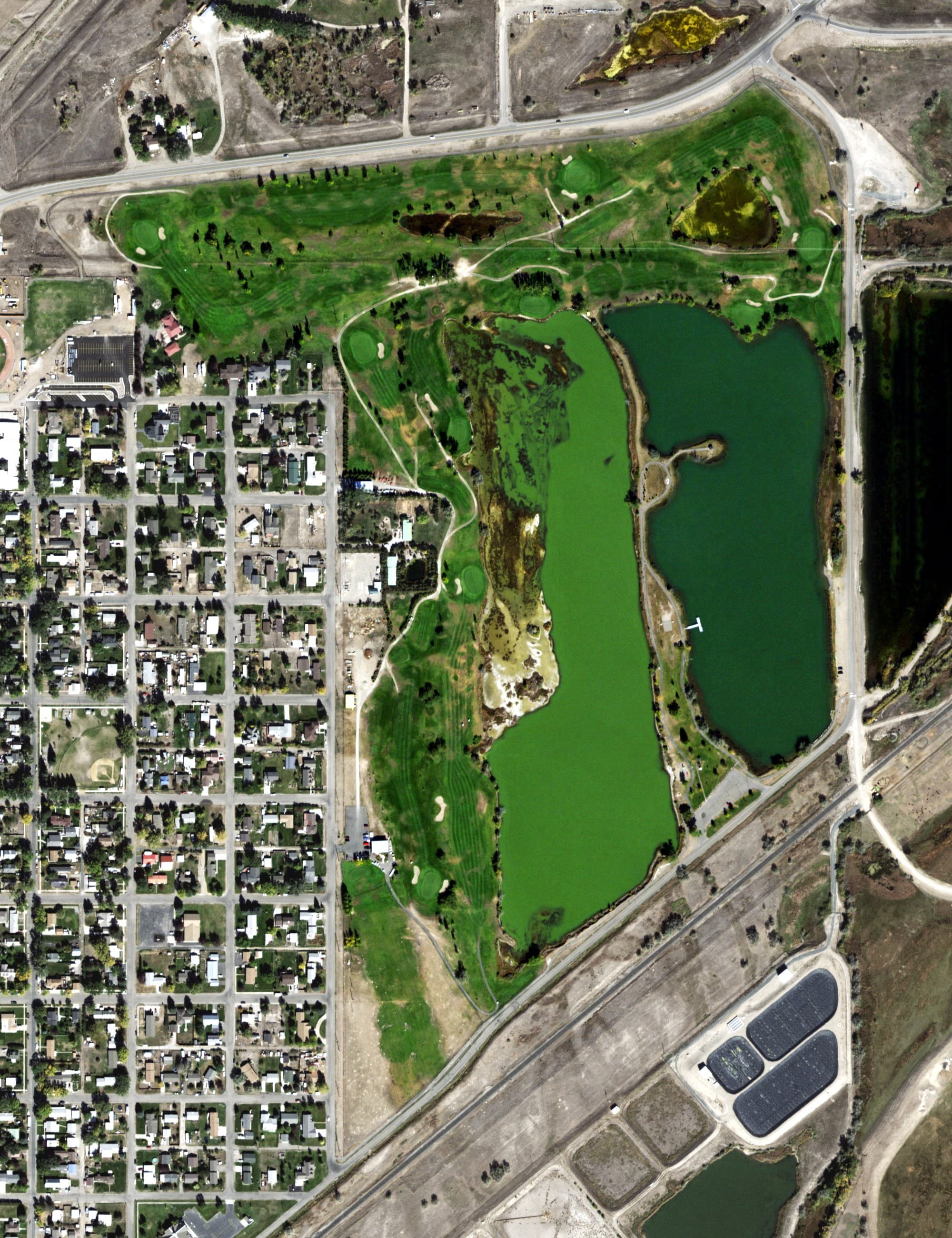 Aerial view of Headwaters Public Golf Course, MT, with its hole routing marked