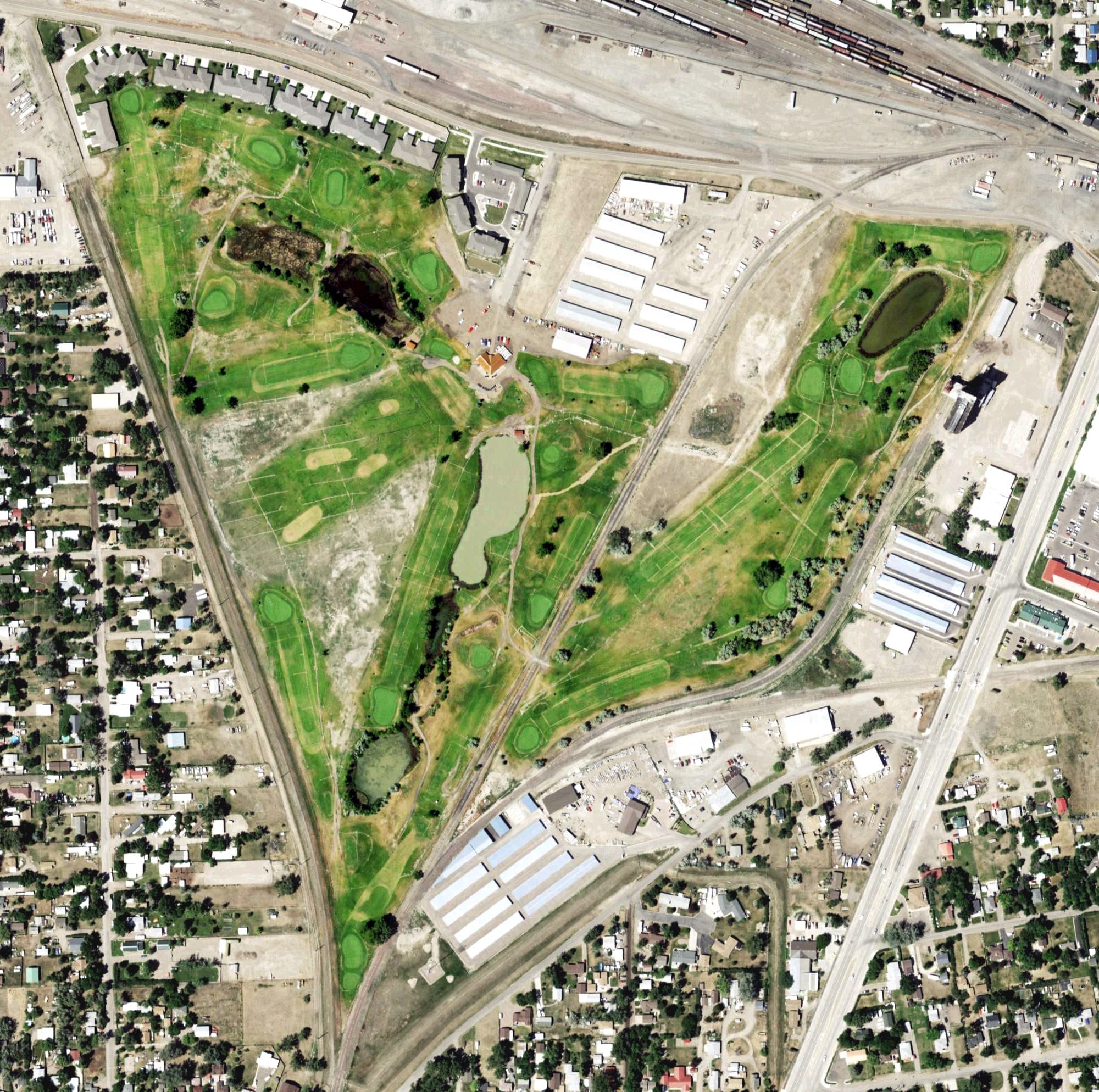 Aerial view of Hickory Swing Golf Course, MT, with its hole routing marked