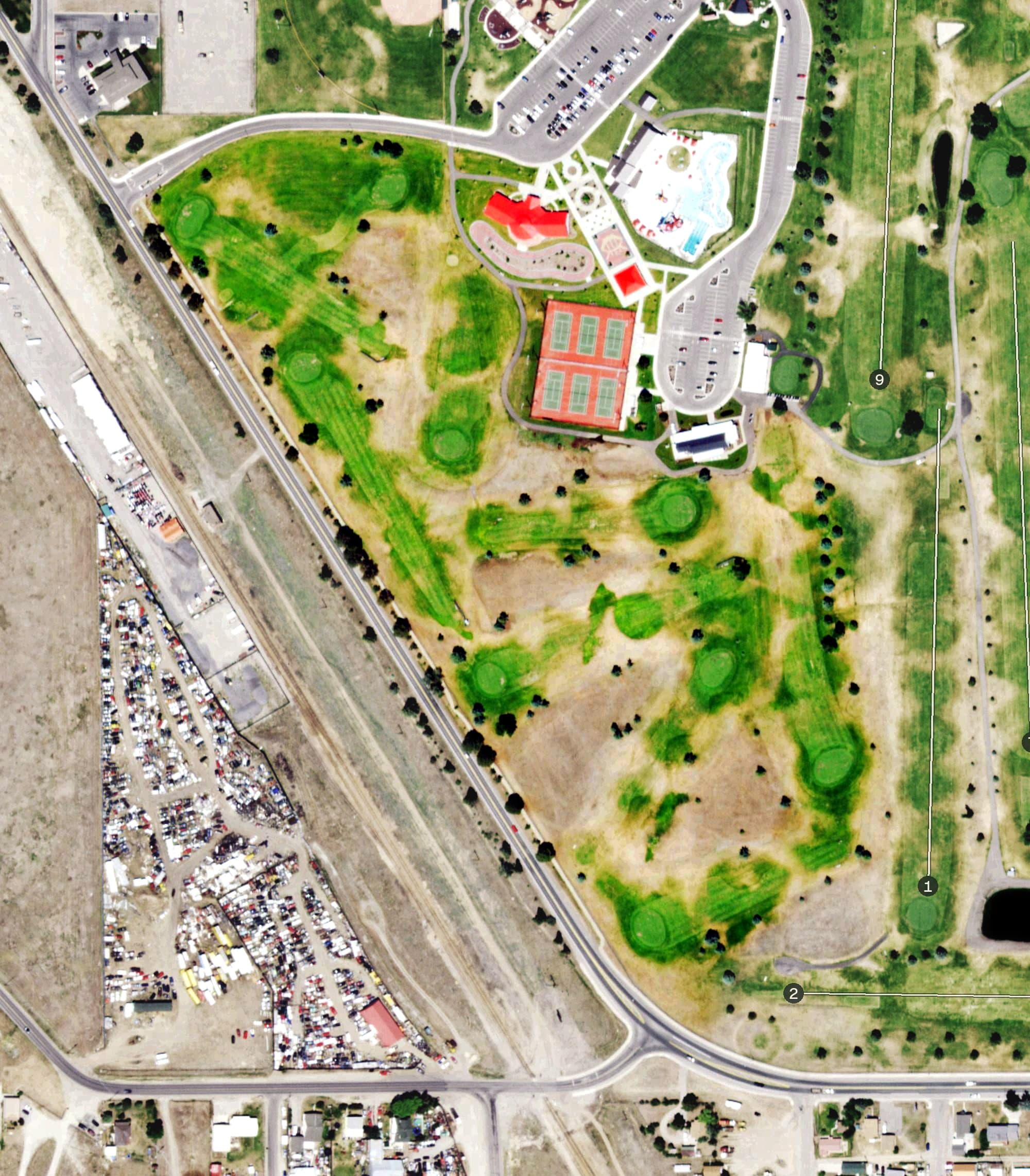 Aerial view of Highland View Par-3 Course, MT, with its hole routing marked