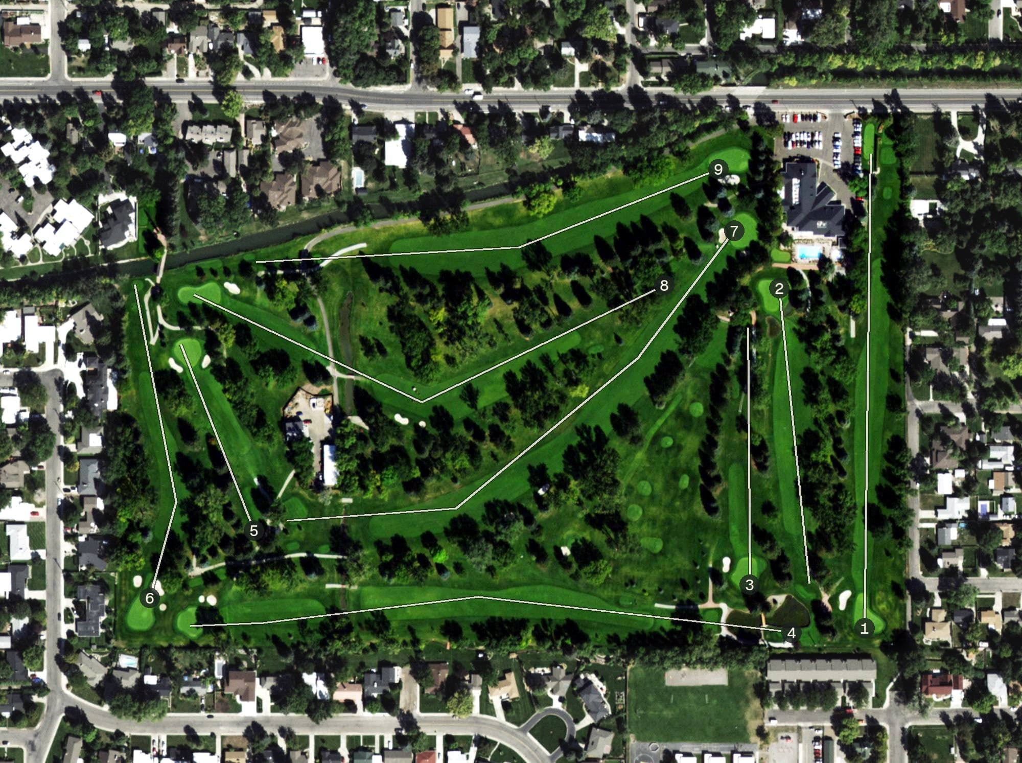 Aerial view of Hilands Golf Club, MT, with its hole routing marked