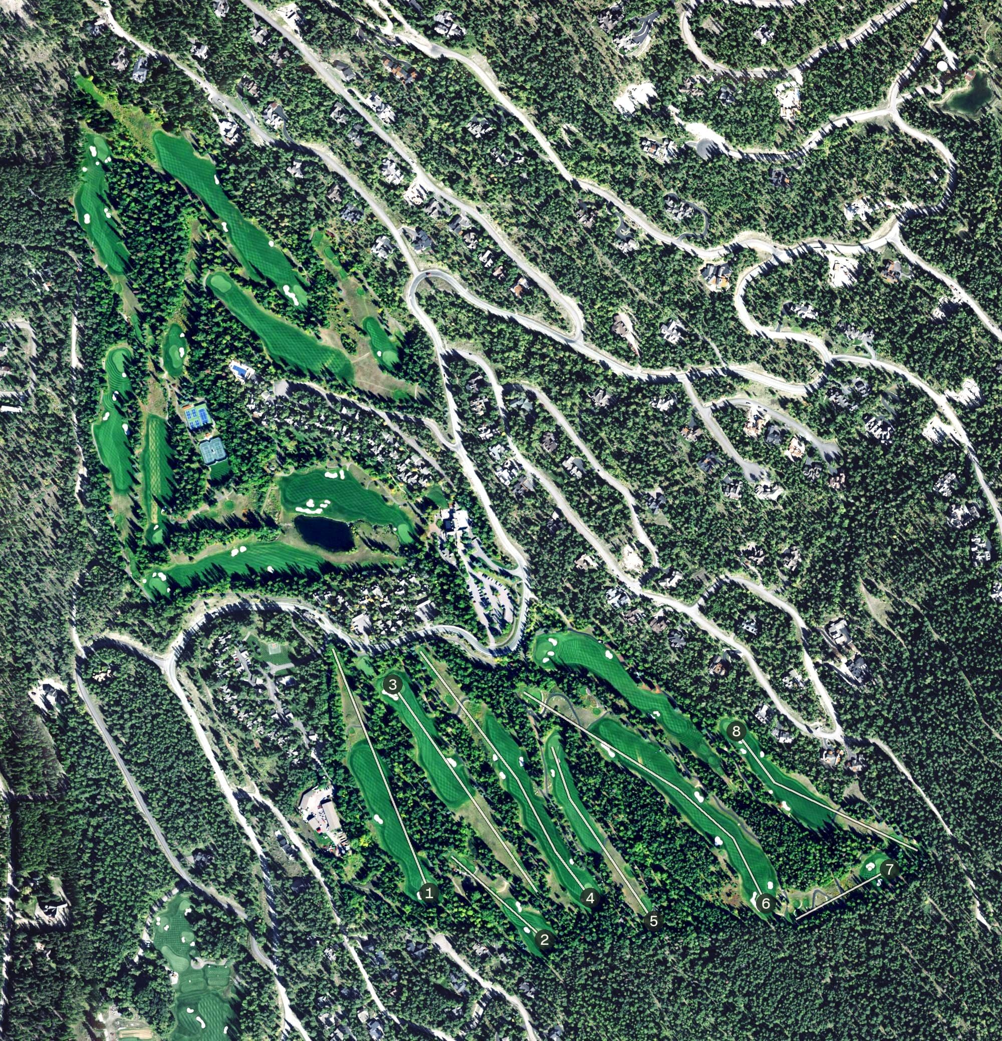 Aerial view of Iron Horse Golf Club, MT, with its hole routing marked