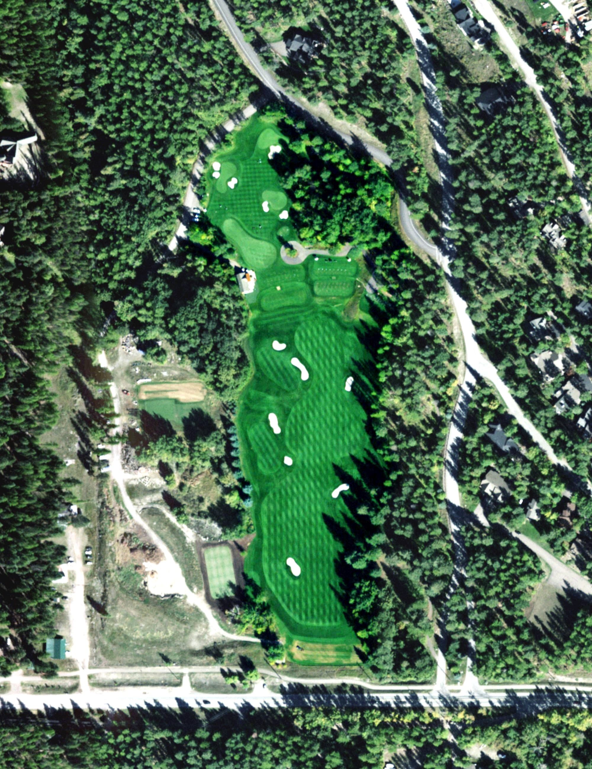 Aerial view of Iron Horse Practice Facility, MT, with its hole routing marked