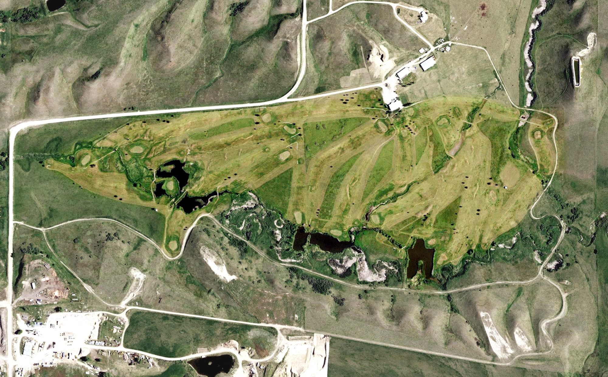 Aerial view of Judith Shadows Golf Course, MT, with its hole routing marked