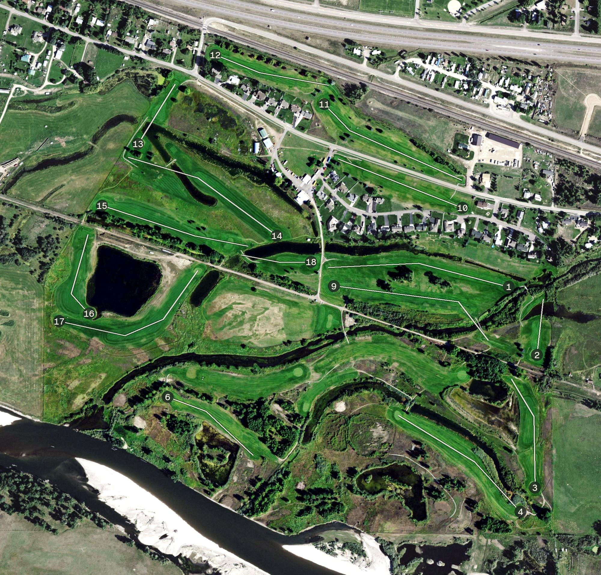 Aerial view of King Ranch Golf Course, MT, with its hole routing marked