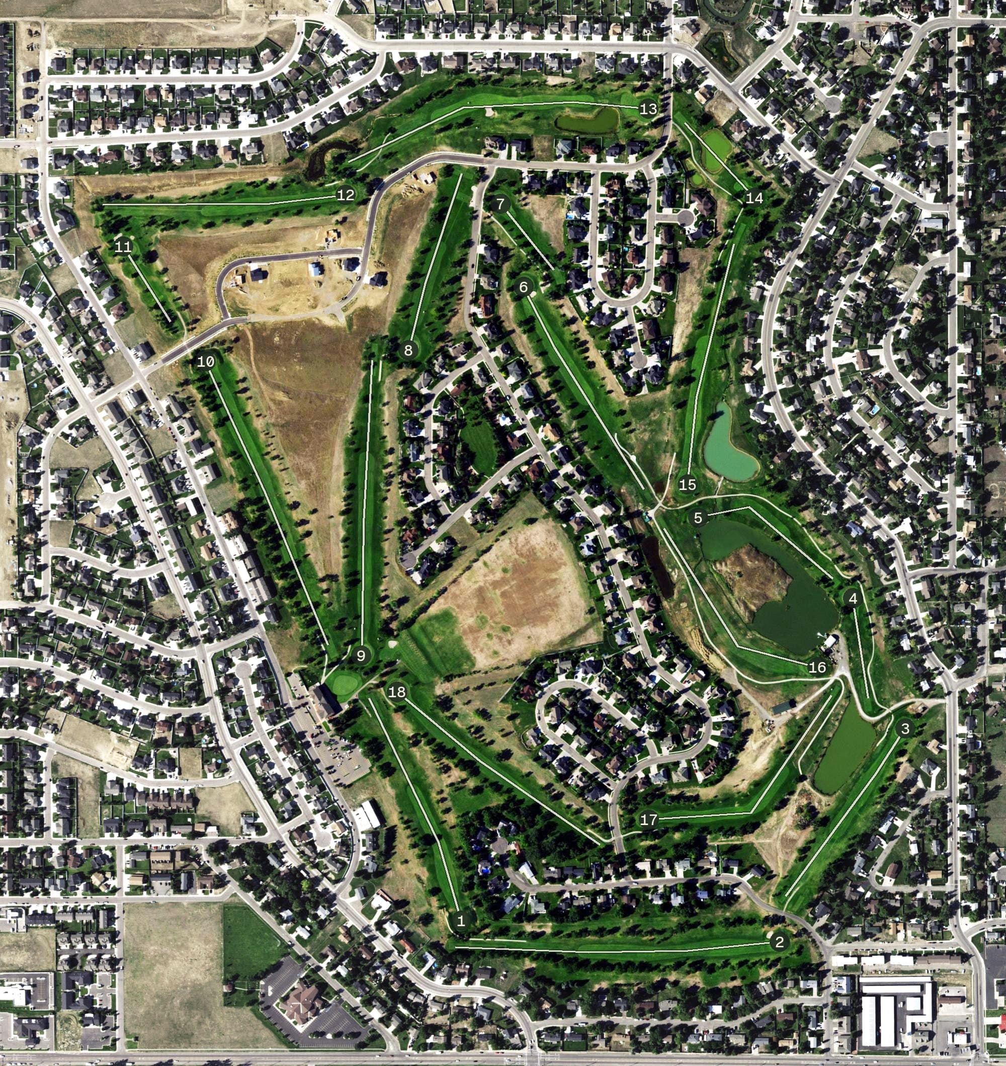 Aerial view of Lake Hills Golf Club, MT, with its hole routing marked