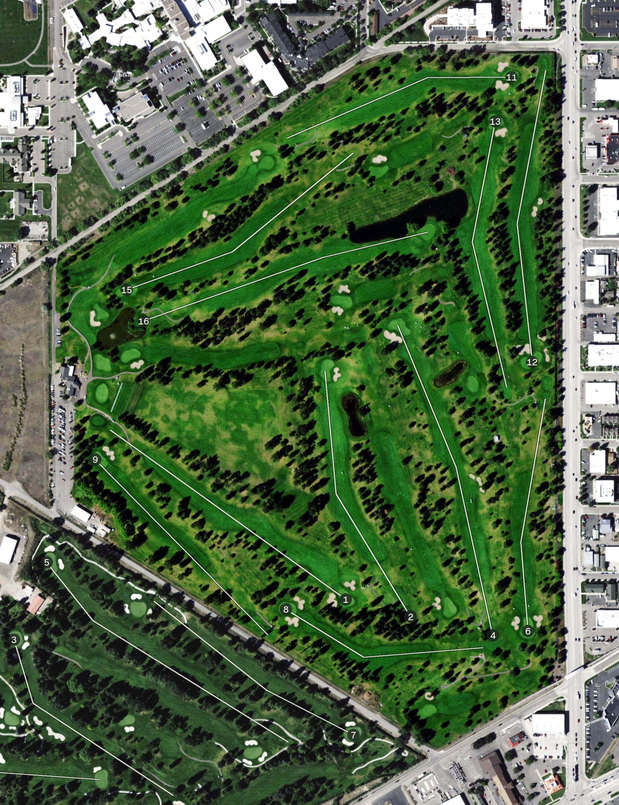Aerial view of Larchmont Golf Course, MT, with its hole routing marked