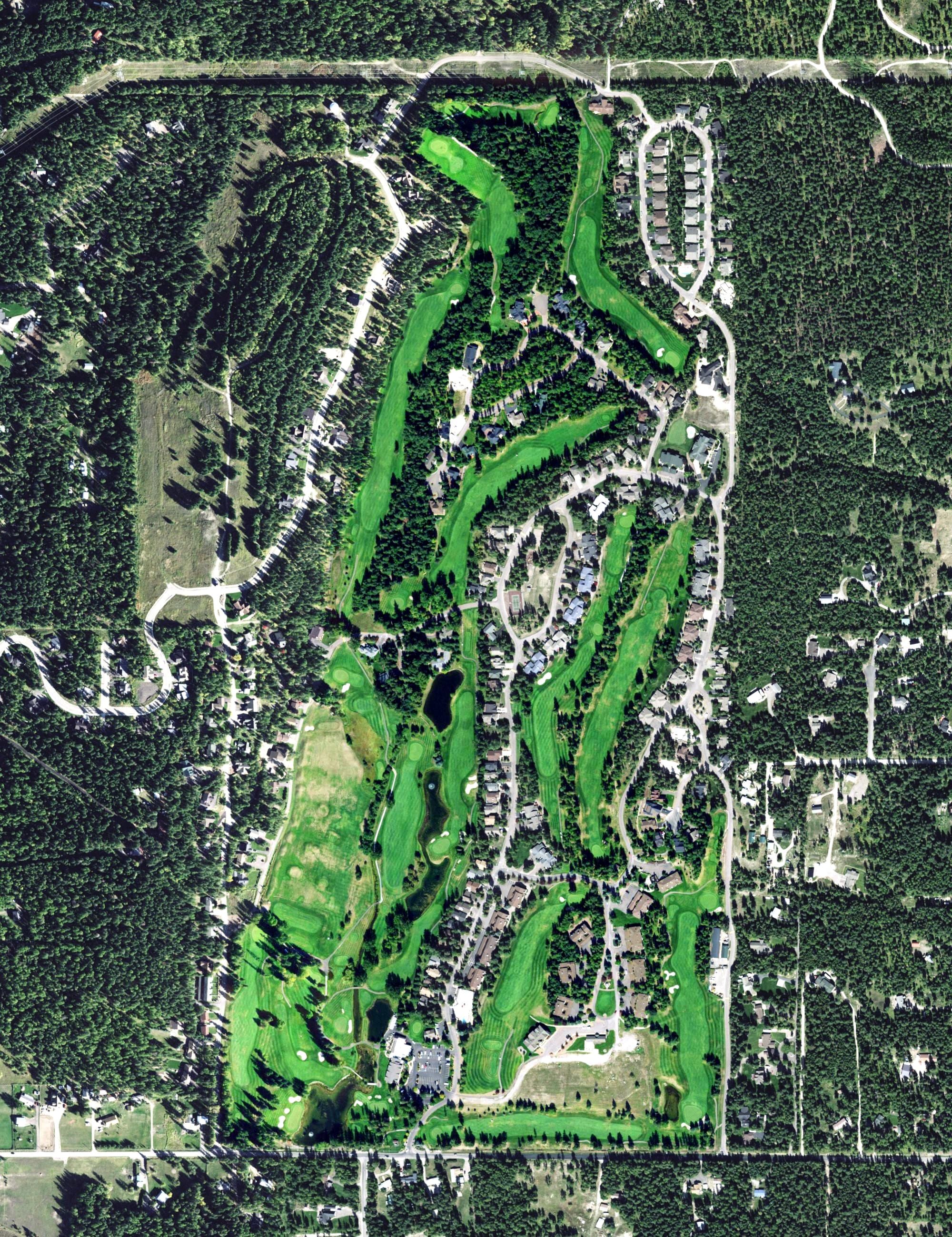 Aerial view of Meadow Lake Golf Club, MT, with its hole routing marked