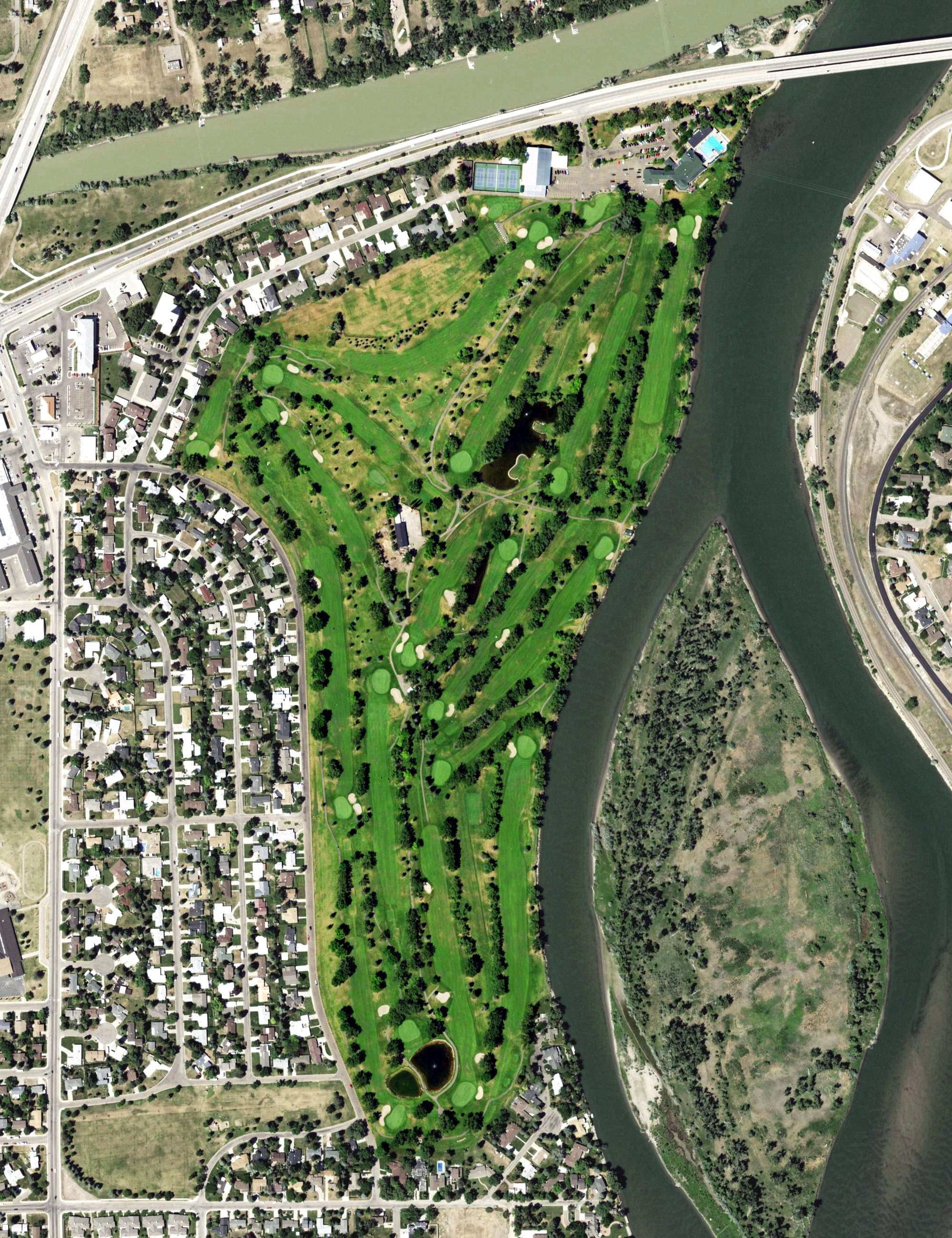 Aerial view of Meadow Lark Country Club, MT, with its hole routing marked