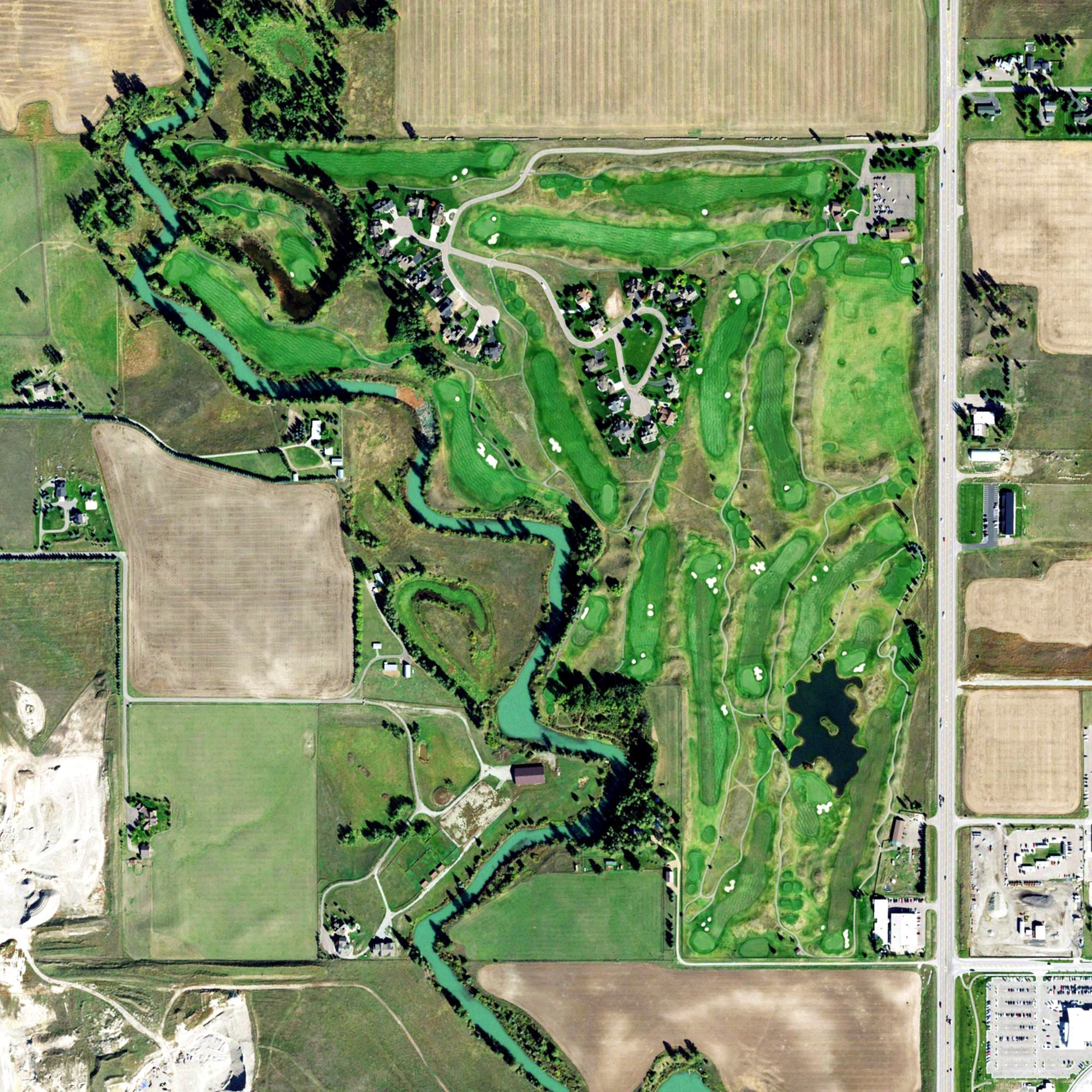 Aerial view of Northern Pines Golf Club, MT, with its hole routing marked