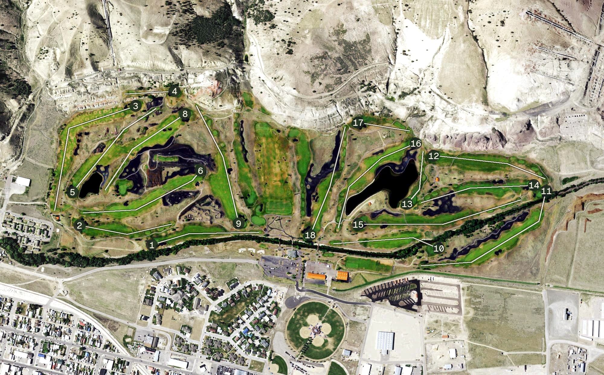 Aerial view of Old Works Golf Club, MT, with its hole routing marked
