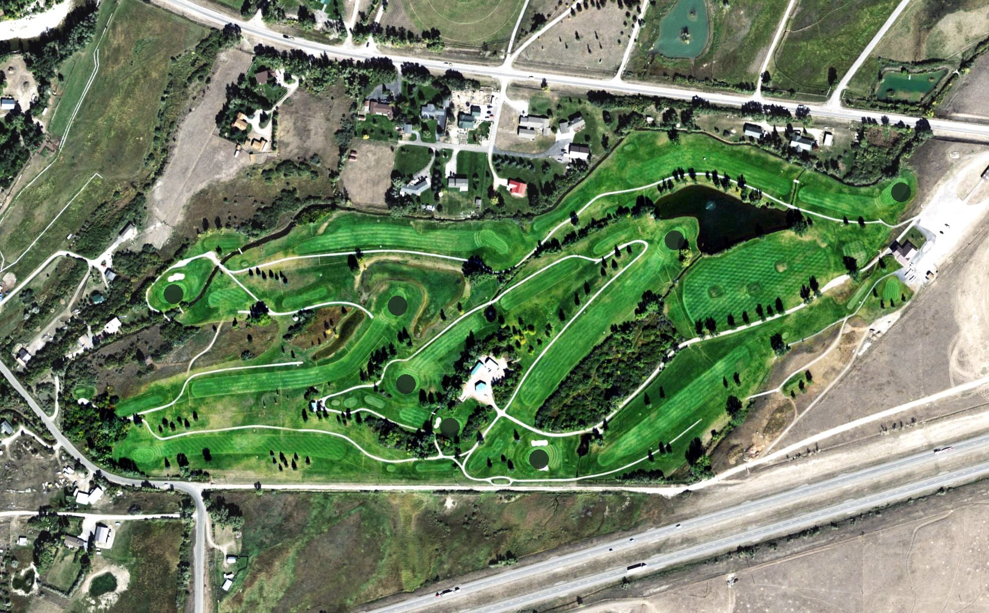 Aerial view of Overland Golf Course, MT, with its hole routing marked