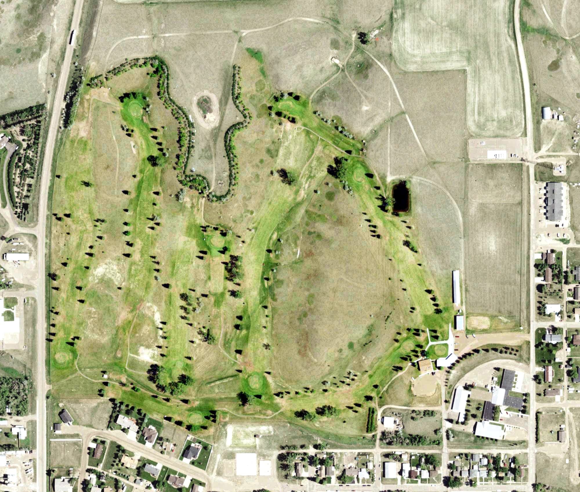 Aerial view of Plentywood Golf Club, MT, with its hole routing marked