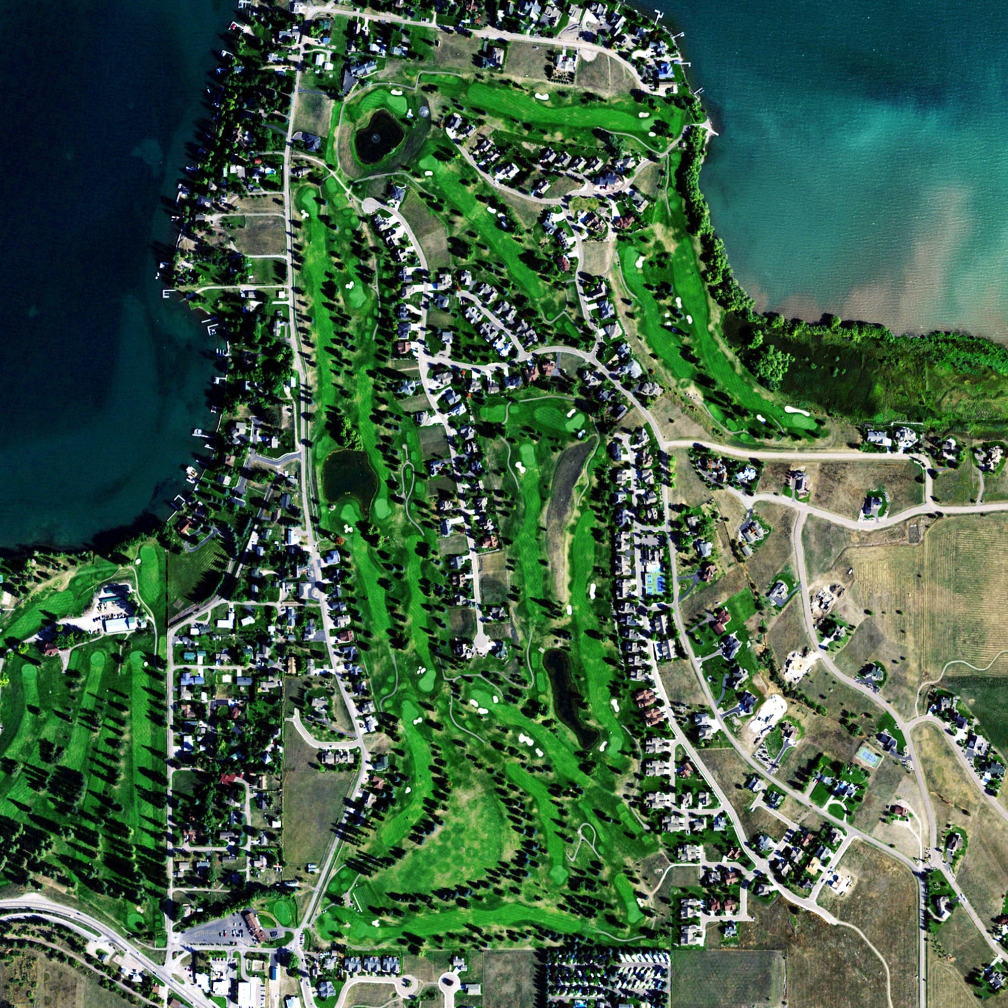 Aerial view of Polson Bay Championship Course, MT, with its hole routing marked
