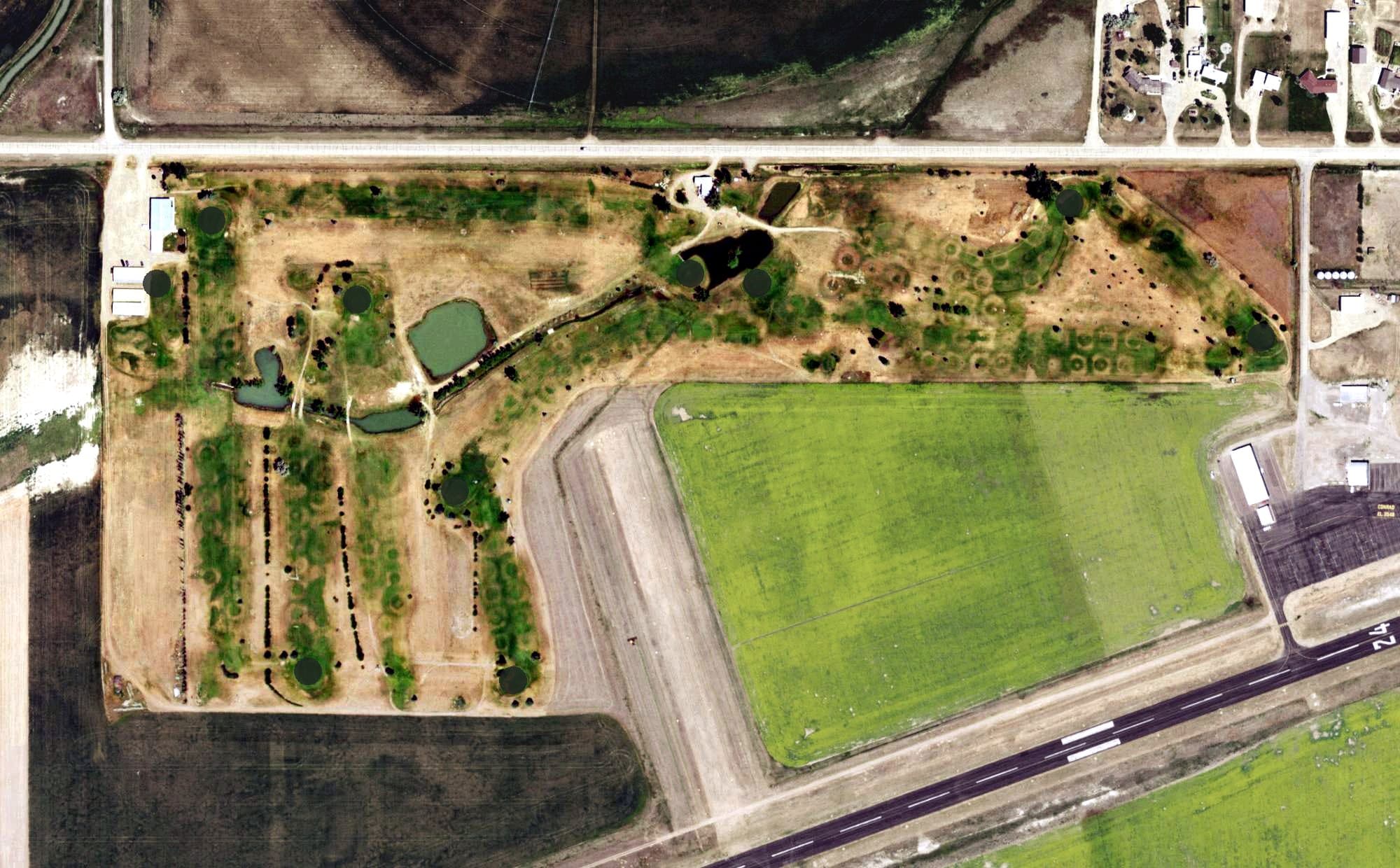 Aerial view of Pondera Golf Club, MT, with its hole routing marked