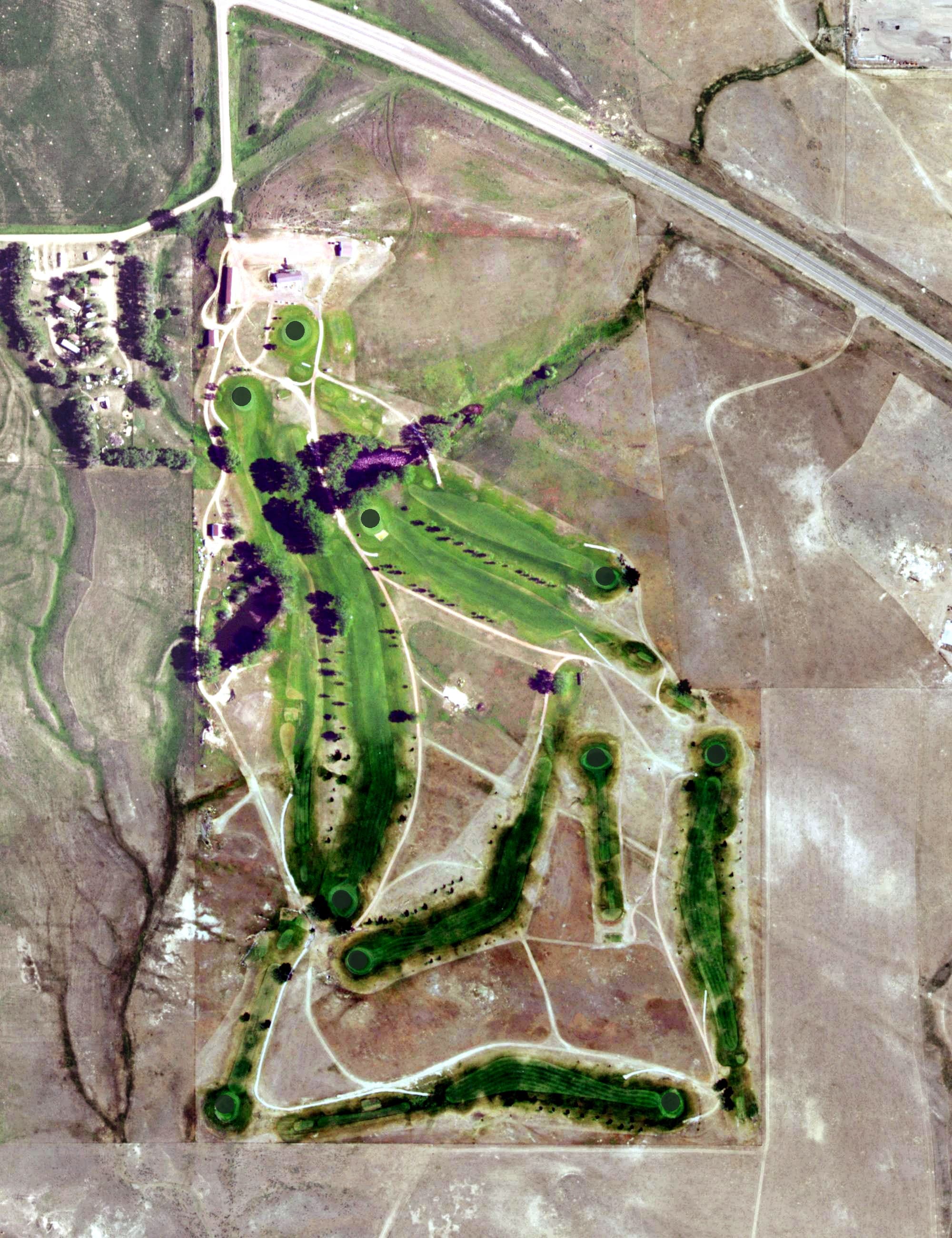 Aerial view of Rolling Hills Golf Course, MT, with its hole routing marked