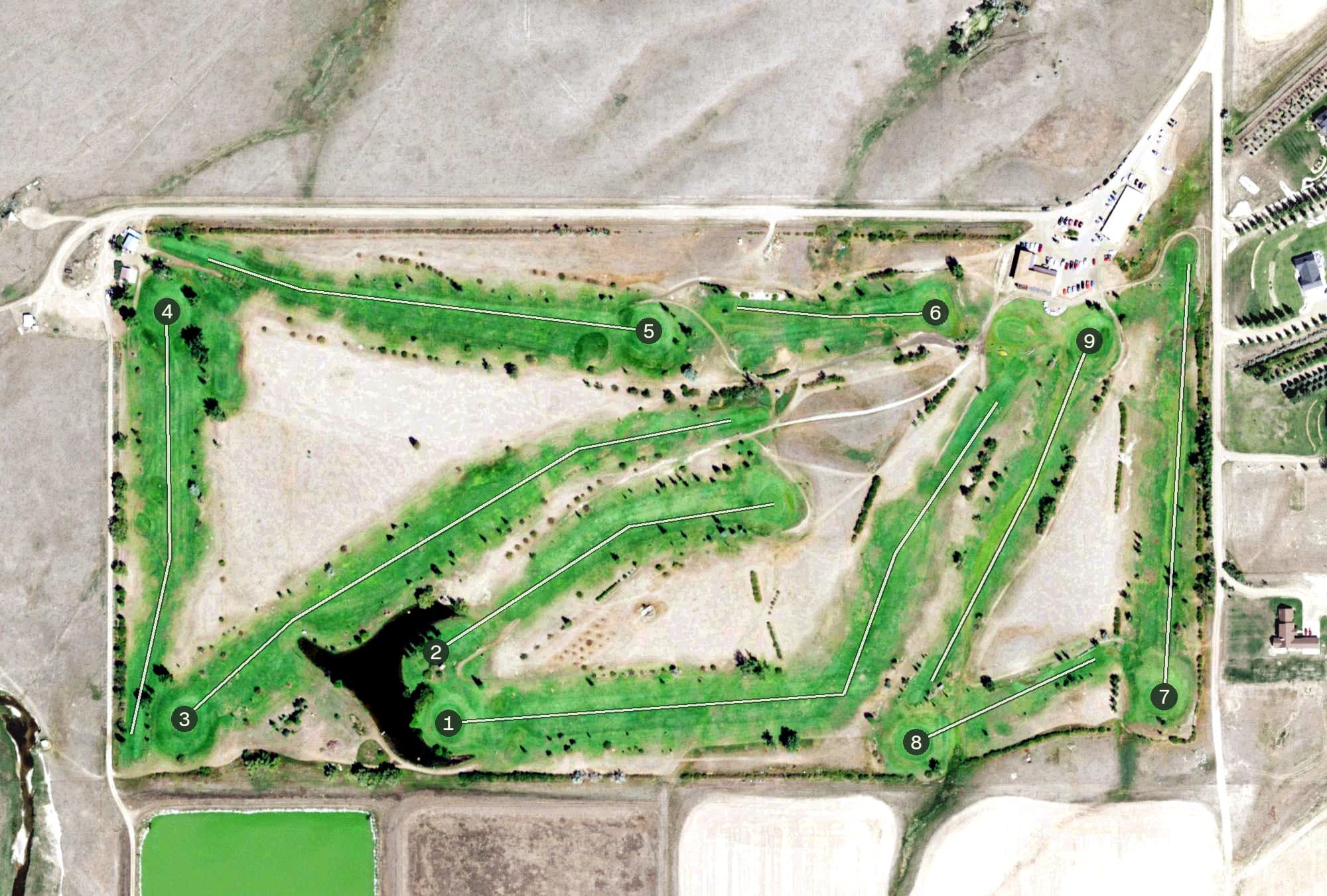 Aerial view of Scobey Golf Course, MT, with its hole routing marked