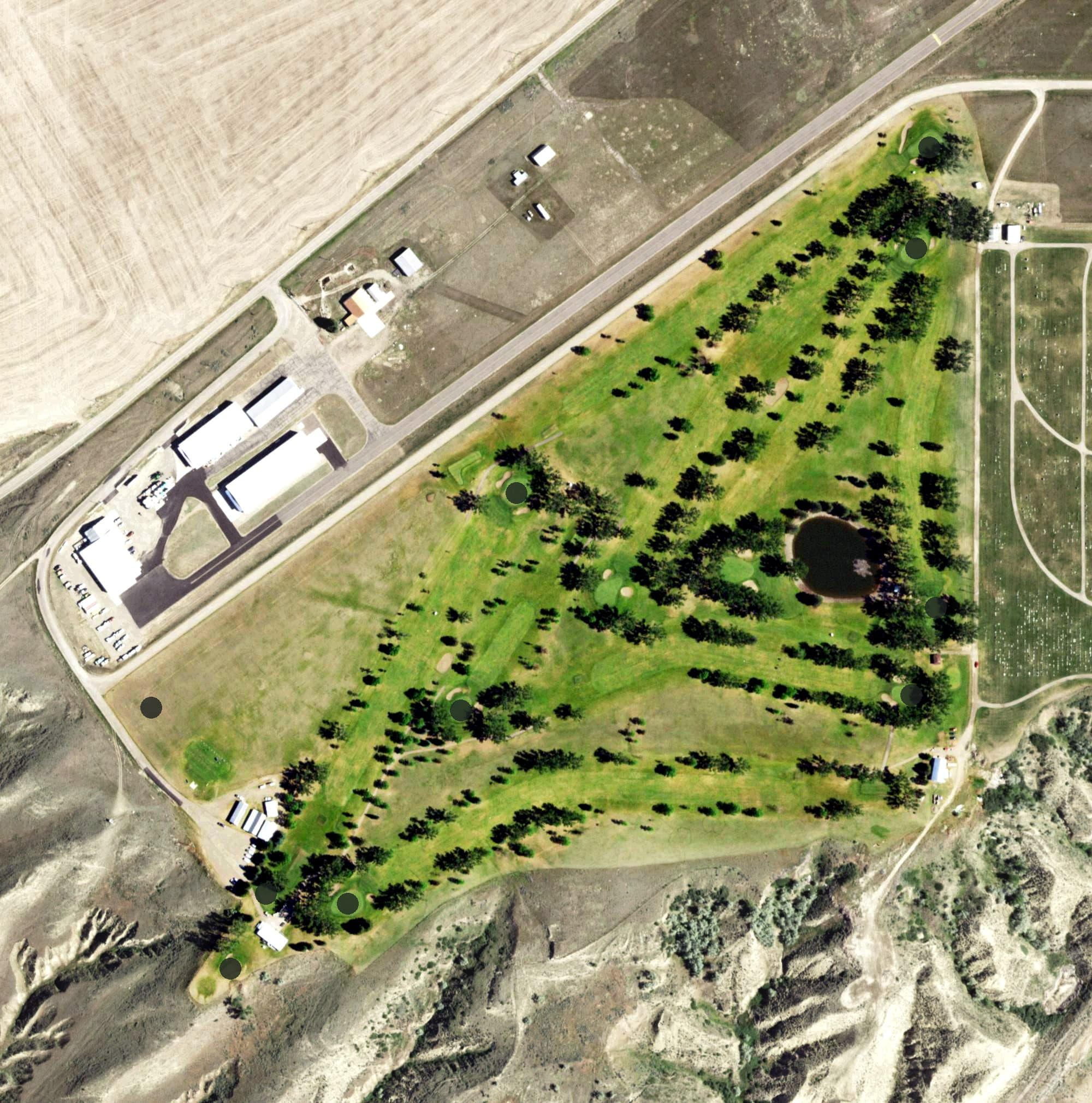 Aerial view of Signal Point Golf Course, MT, with its hole routing marked
