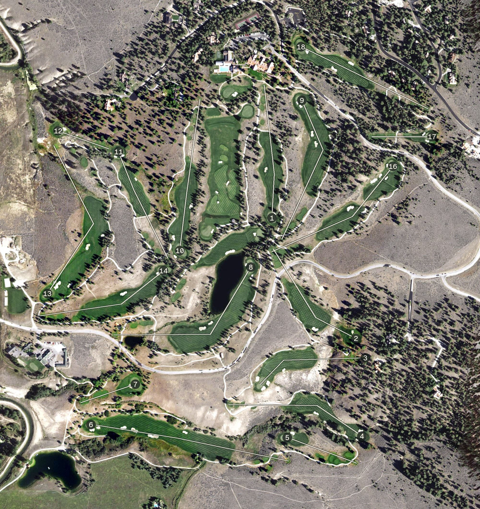 Aerial view of Stock Farm Club, MT, with its hole routing marked
